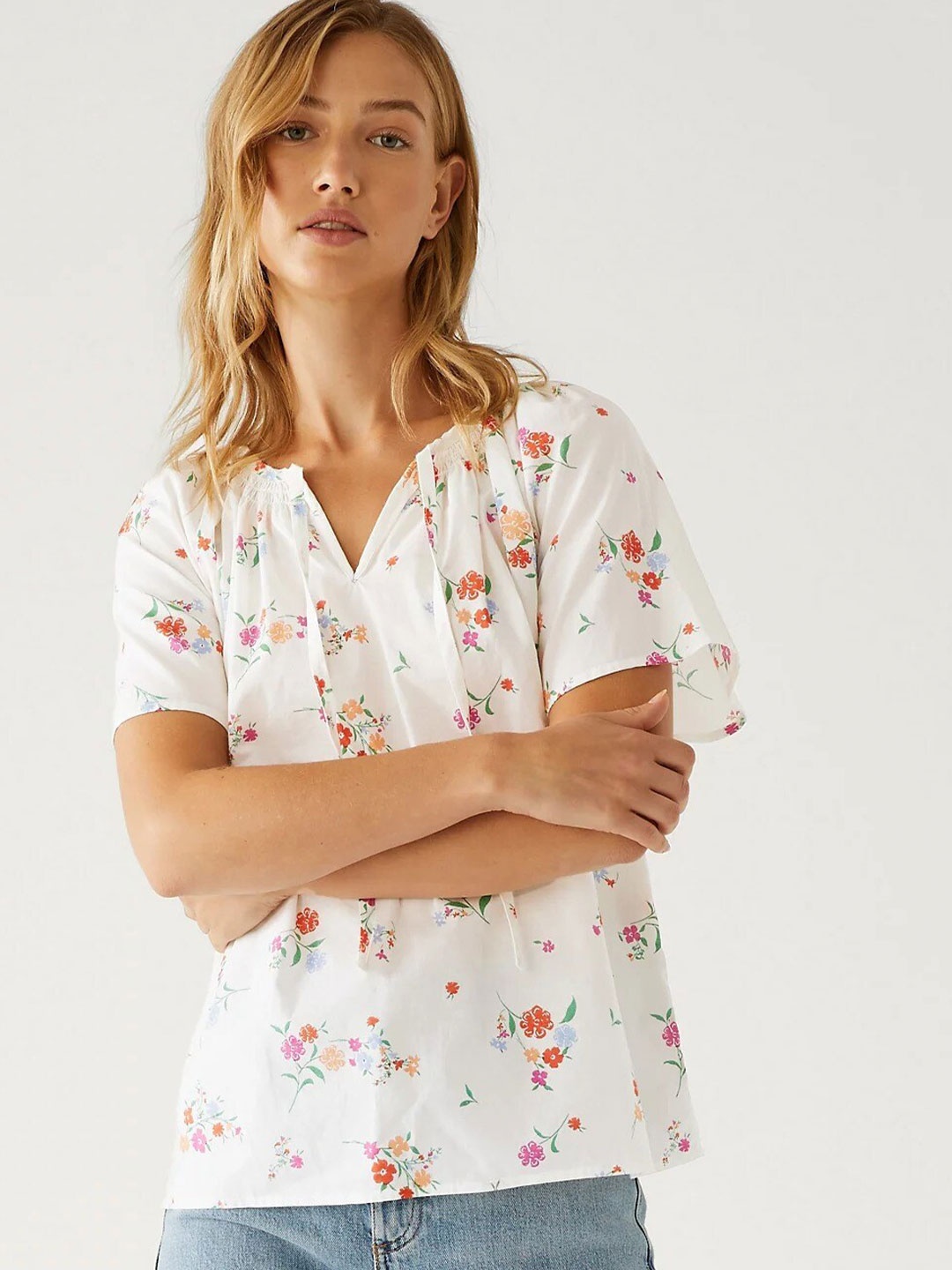 

Marks & Spencer Floral Printed Tie-Up Neck Pure Cotton Top, White