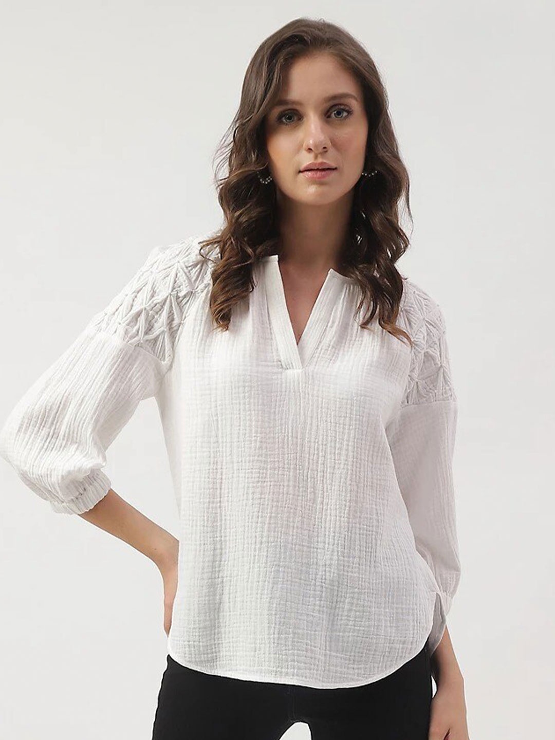 

Marks & Spencer Self Design Puff Sleeves Top, White