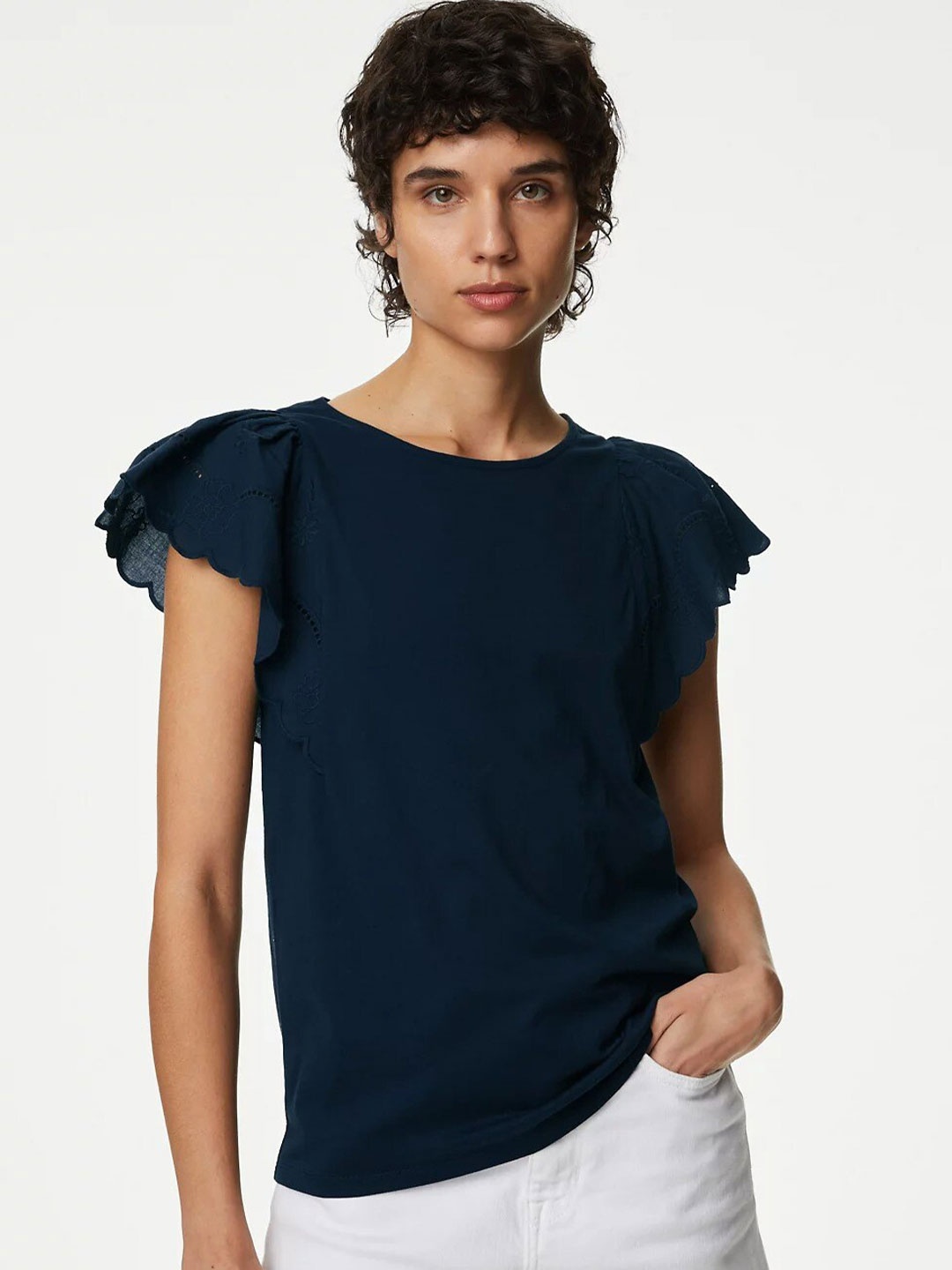 

Marks & Spencer Flutter Sleeve Pure Cotton Top, Navy blue