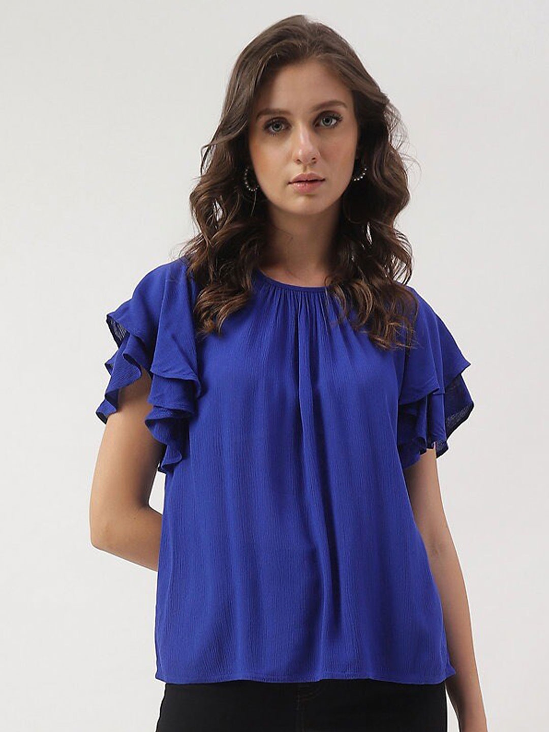 

Marks & Spencer Flutter Sleeve Round Neck Top, Blue