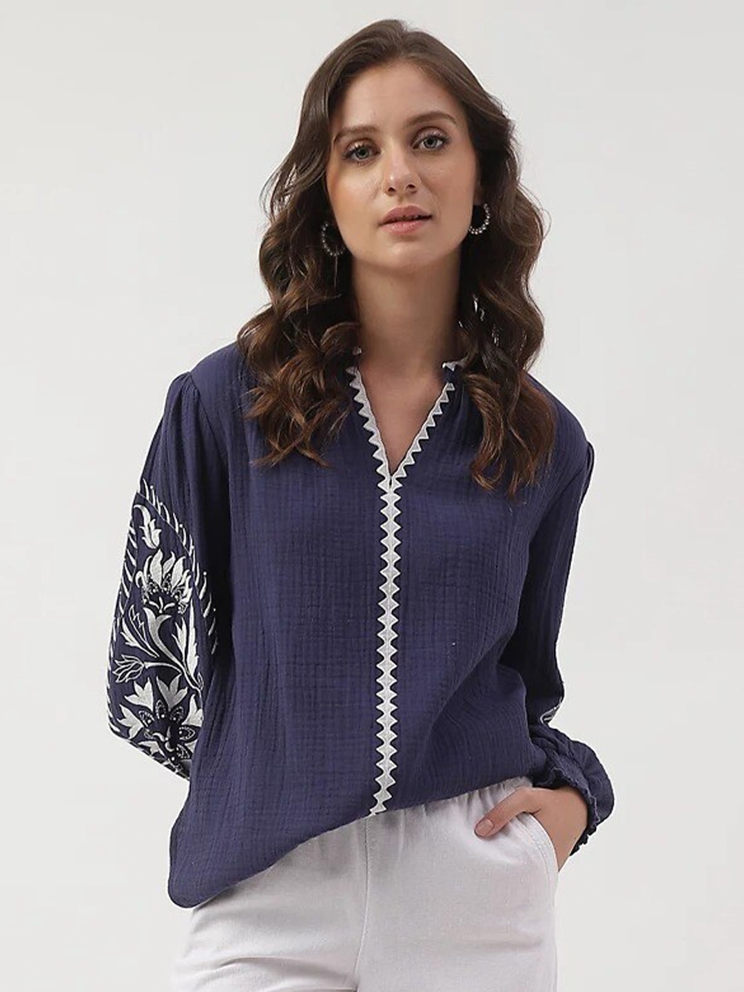 

Marks & Spencer Floral Embroidered Cuffed Sleeves Mandarin Collar Top, Navy blue