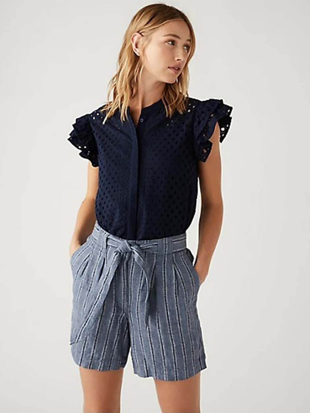 

Marks & Spencer Schiffli Mandarin Collar Flutter Sleeves Cotton Top, Navy blue