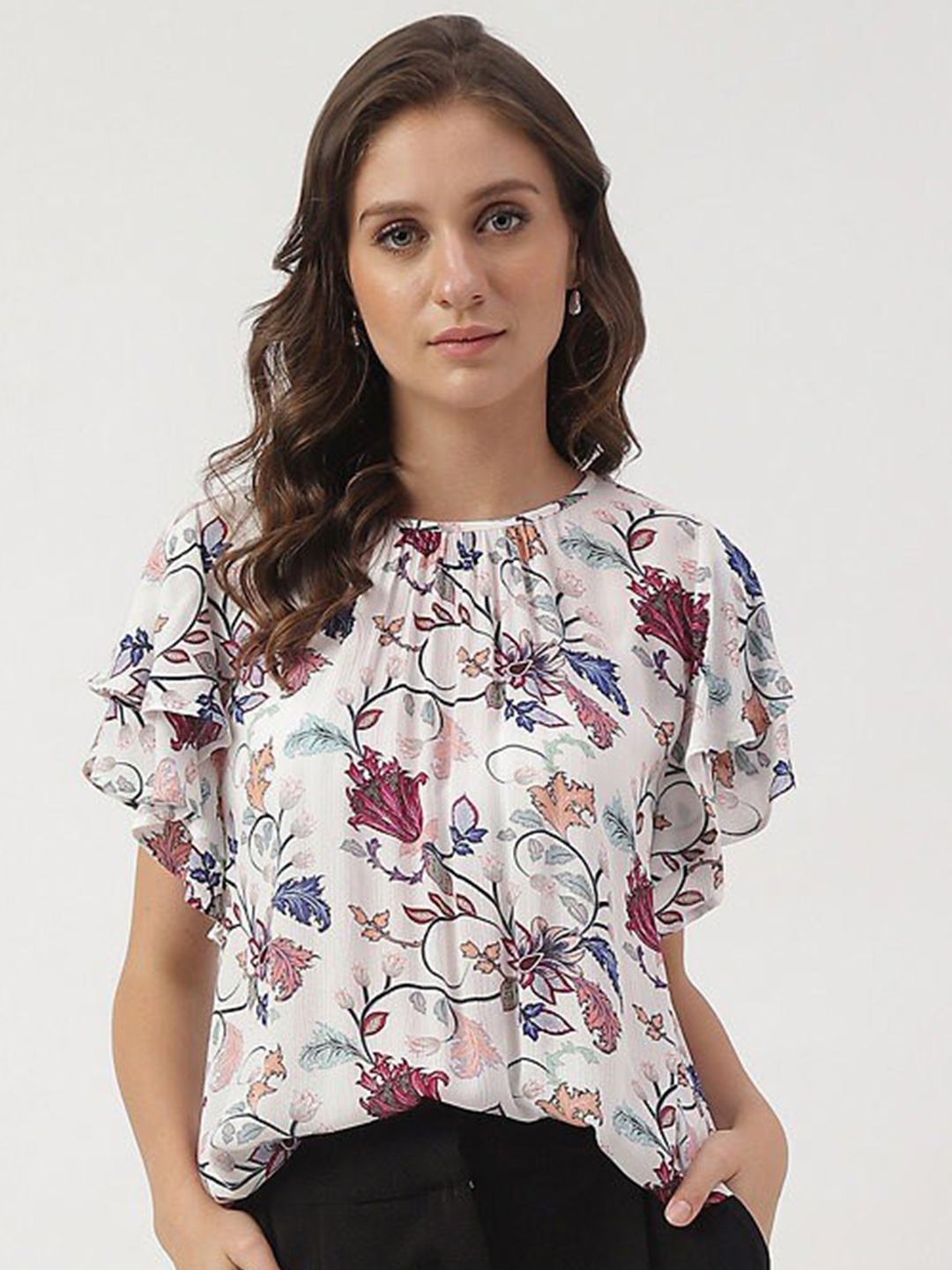 

Marks & Spencer Floral Printed Flutter Sleeves Gathered Top, White