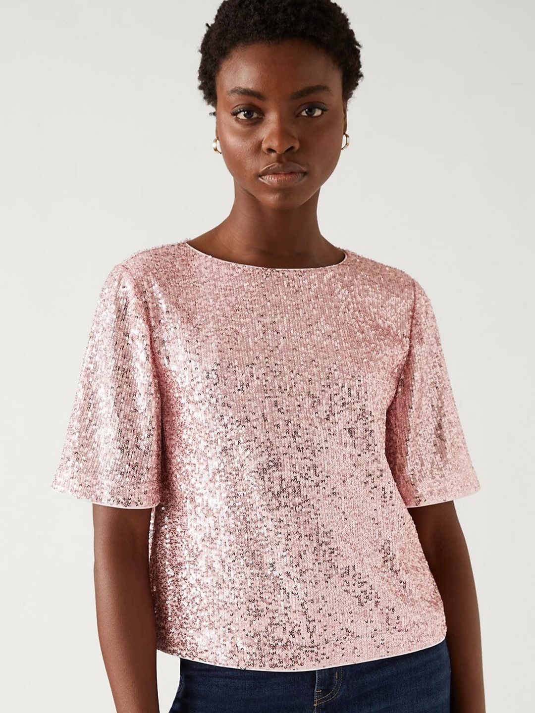 

Marks & Spencer Sequined Self Design Round Neck Top, Pink
