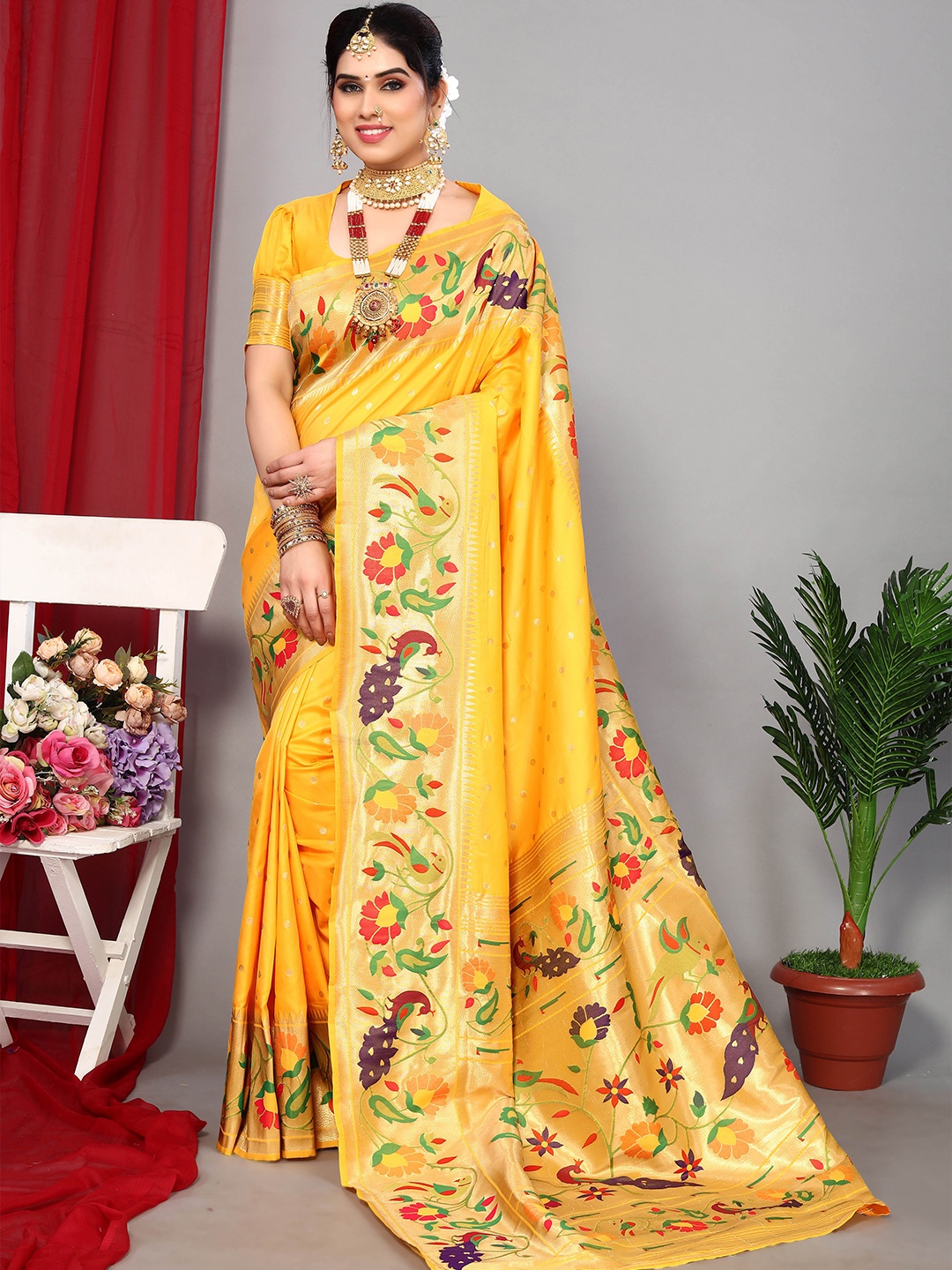 

Ekta Textiles Floral Woven Design Zari Pure Silk Banarasi Saree, Yellow