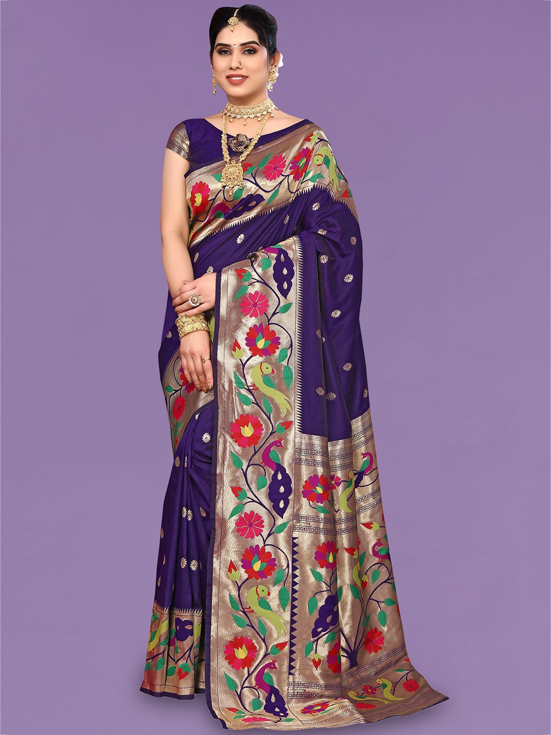 

Ekta Textiles Floral Woven Design Zari Pure Silk Banarasi Saree, Navy blue