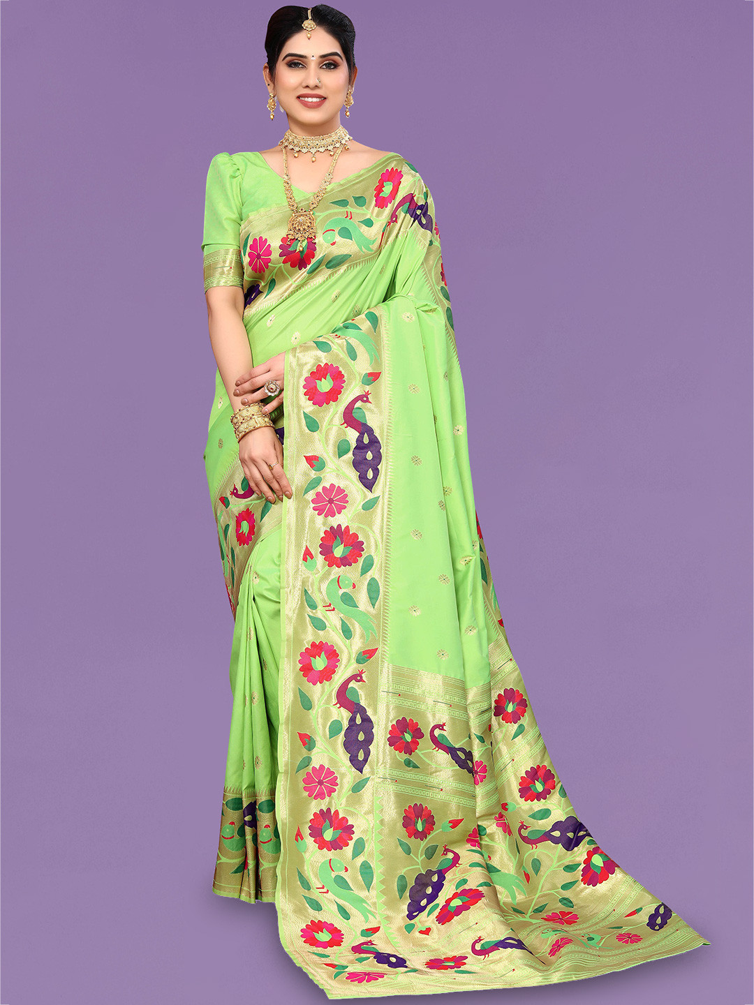 

Ekta Textiles Floral Woven Design Zari Pure Silk Banarasi Saree, Green