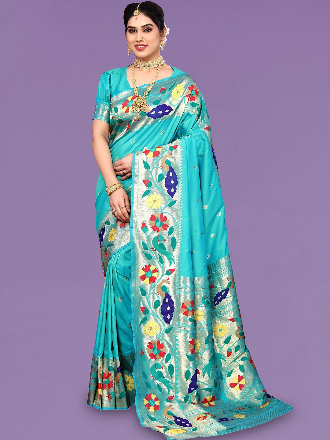 

Ekta Textiles Floral Woven Design Zari Pure Silk Banarasi Saree, Turquoise blue
