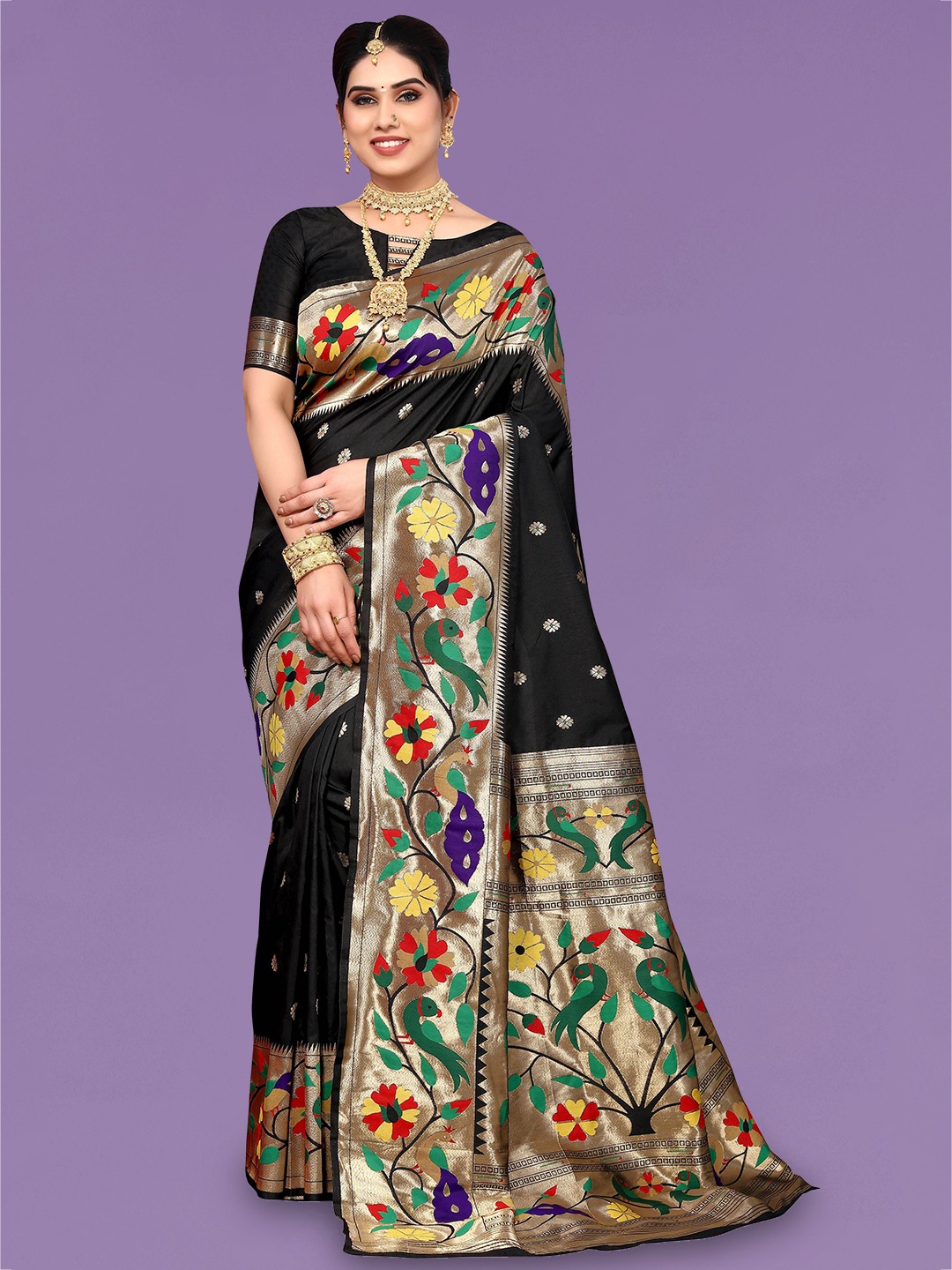 

Ekta Textiles Floral Woven Design Zari Pure Silk Banarasi Saree, Black