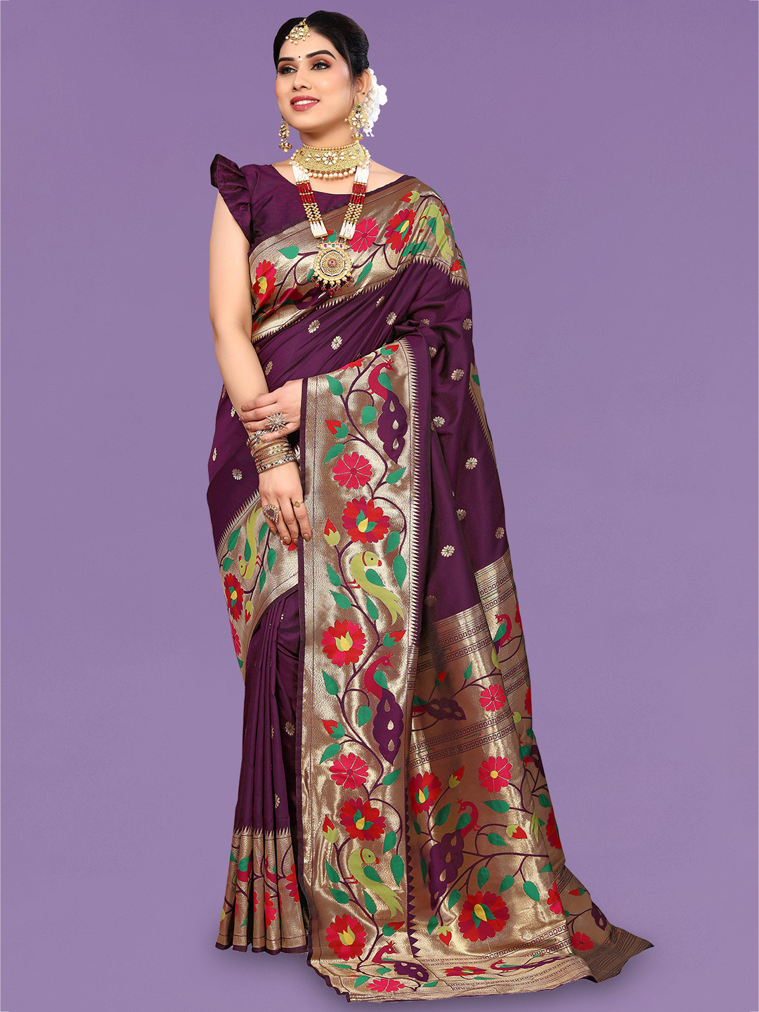 

Ekta Textiles Floral Woven Design Zari Pure Silk Banarasi Saree, Purple