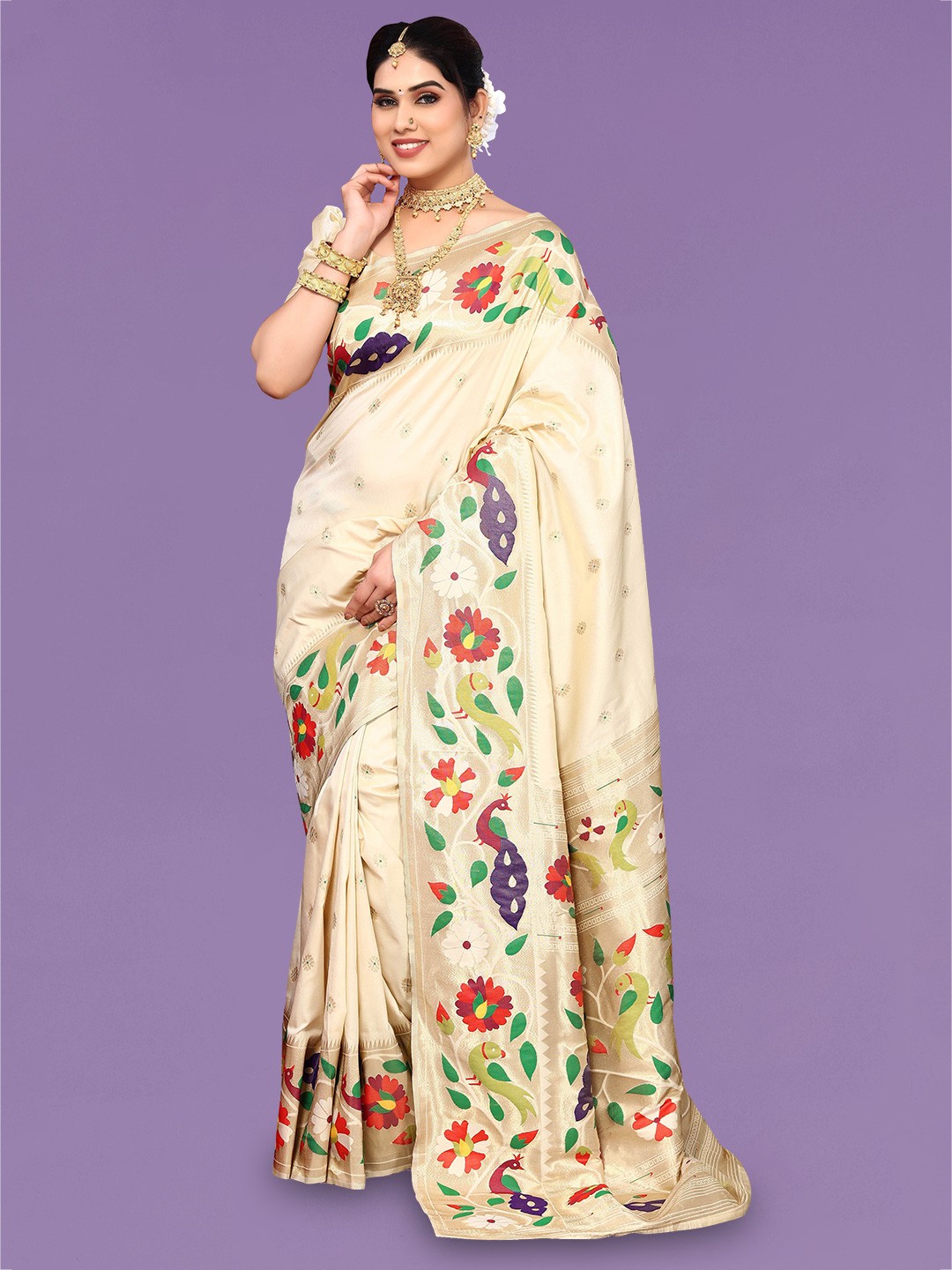 

Ekta Textiles Floral Woven Design Zari Pure Silk Banarasi Saree, Cream