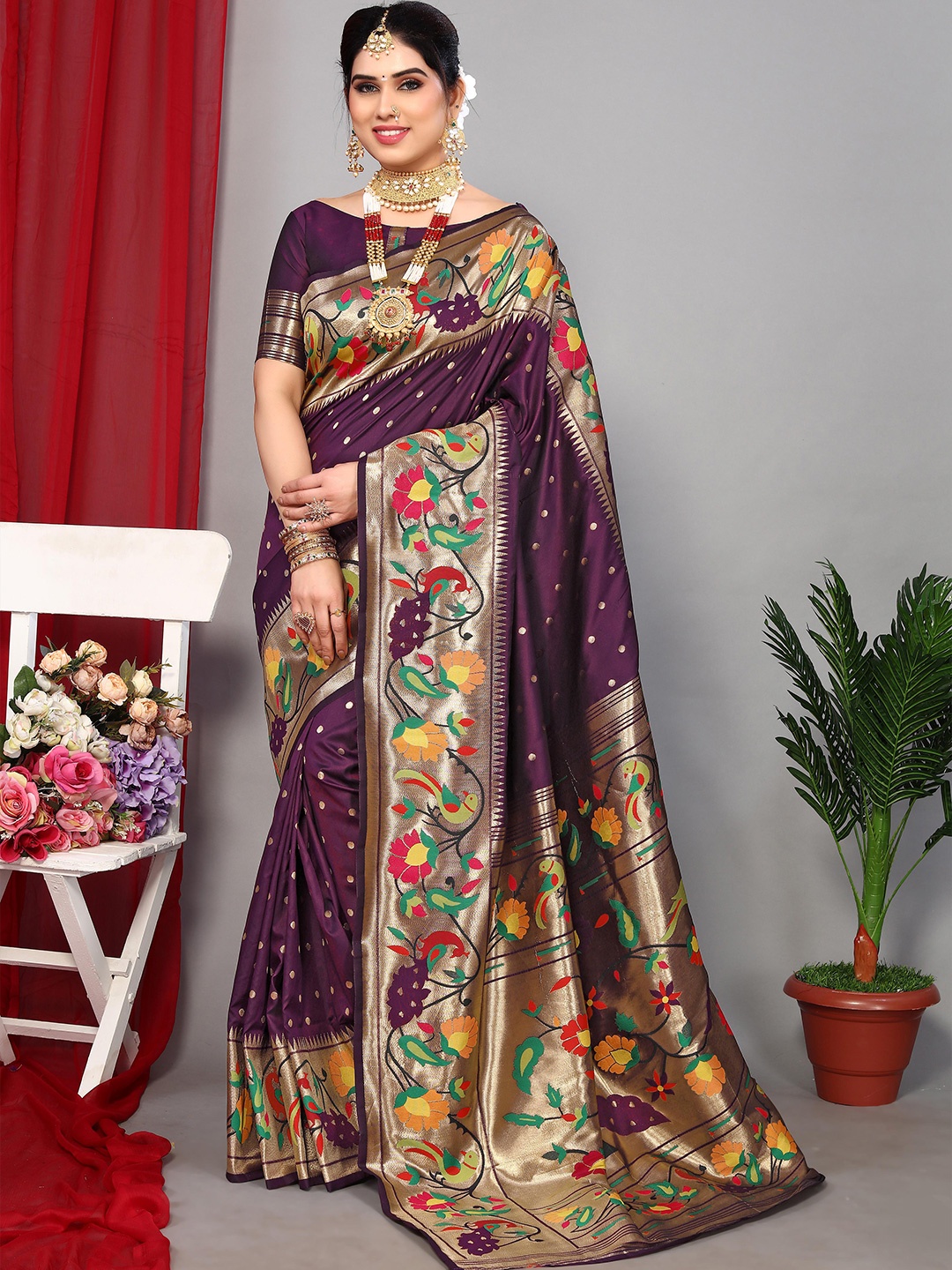 

Ekta Textiles Polka Dots Woven Design Zari Pure Silk Banarasi Saree, Purple