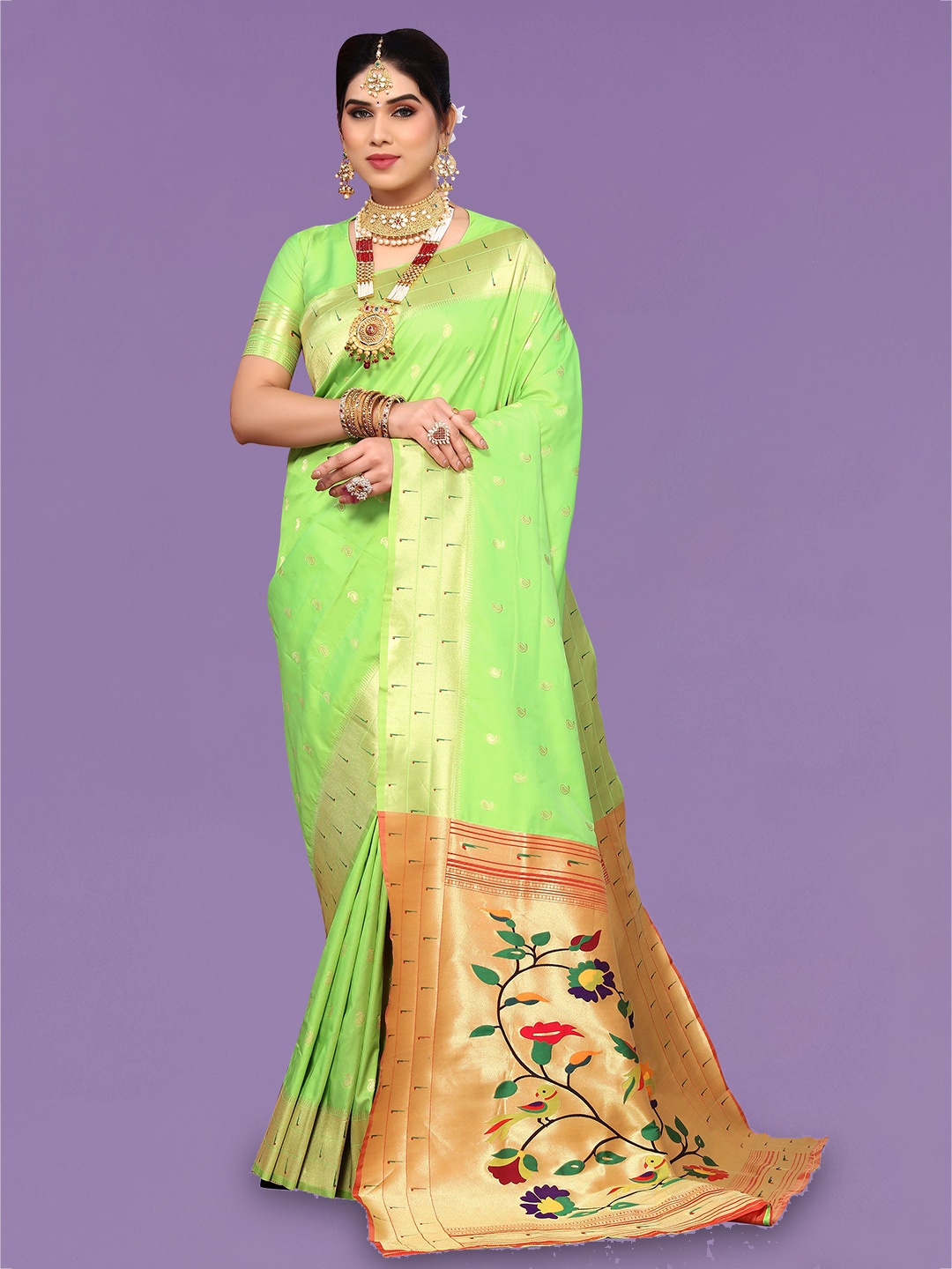 

Ekta Textiles Ethnic Motifs Woven Design Zari Pure Silk Banarasi Saree, Green