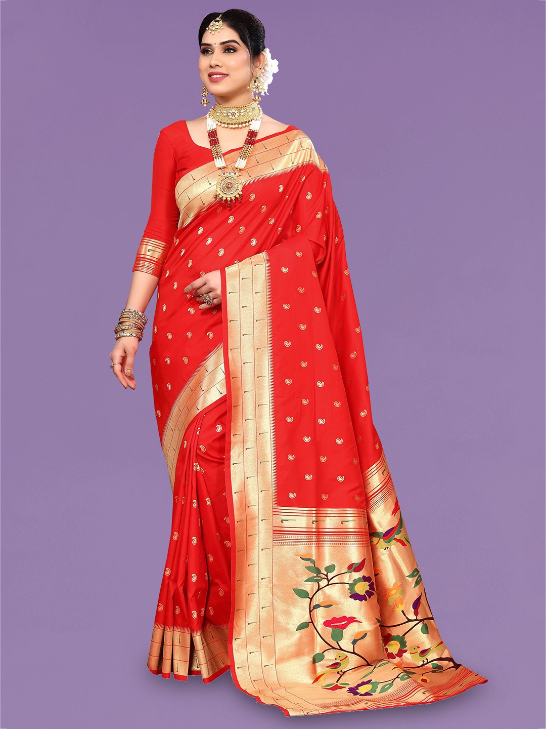 

Ekta Textiles Ethnic Motifs Woven Design Zari Pure Silk Banarasi Saree, Red