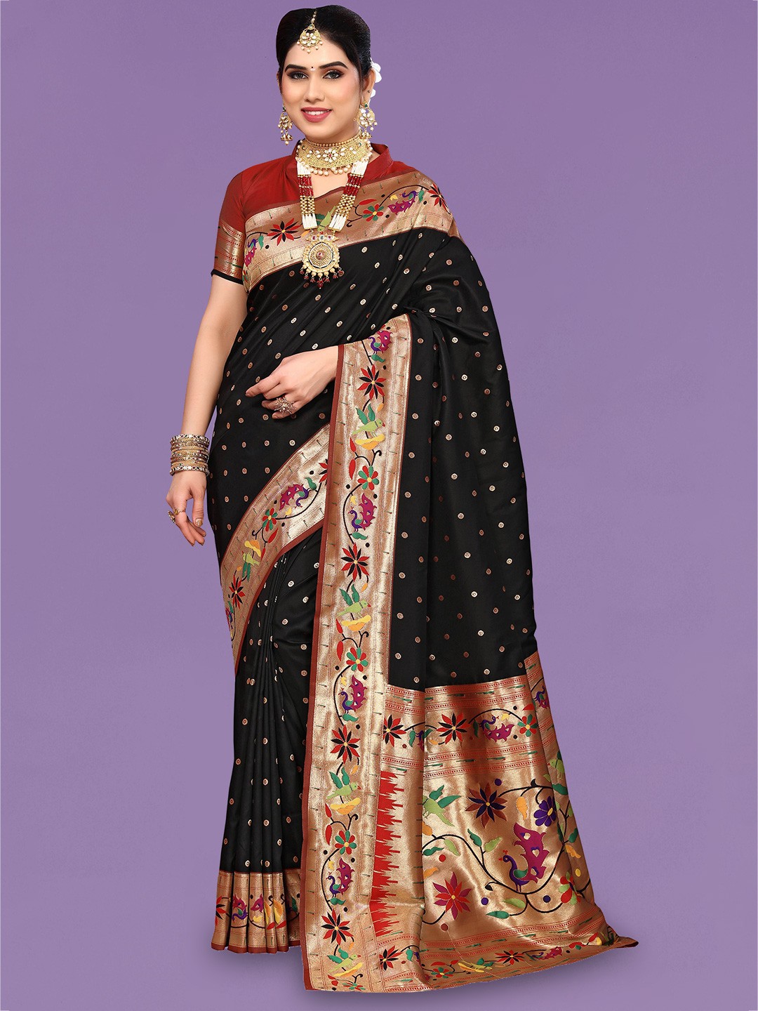 

Ekta Textiles Polka Dots Woven Design Zari Pure Silk Banarasi Saree, Black