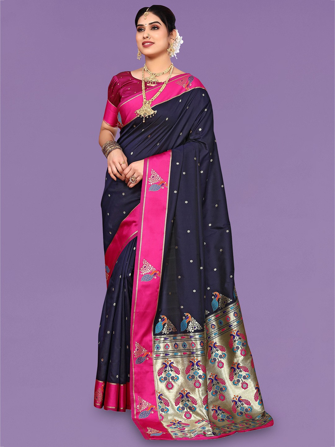 

Ekta Textiles Floral Woven Design Zari Pure Silk Banarasi Saree, Navy blue