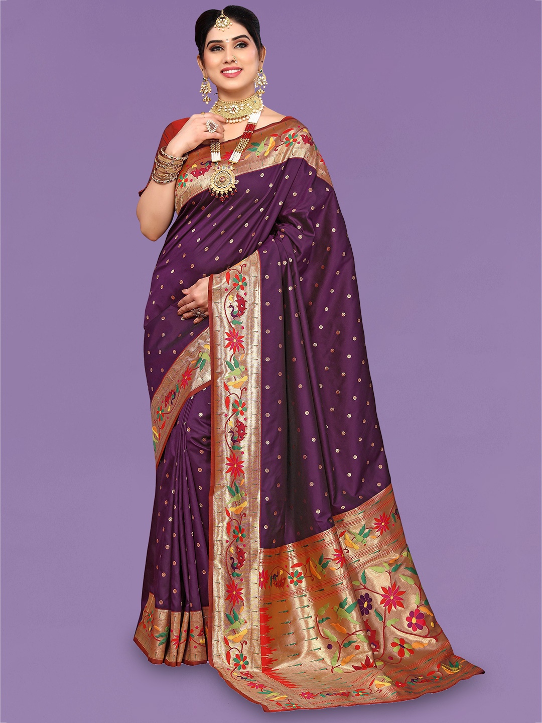 

Ekta Textiles Polka Dots Woven Design Zari Pure Silk Banarasi Saree, Purple