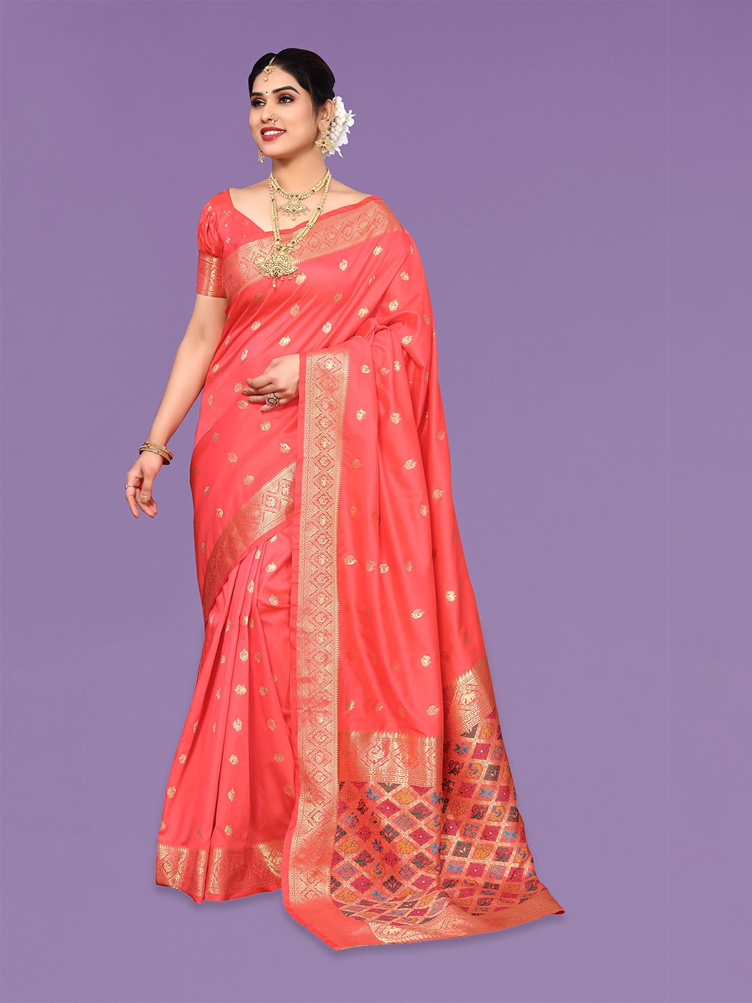 

Ekta Textiles Ethnic Motifs Woven Design Zari Pure Silk Banarasi Saree, Peach