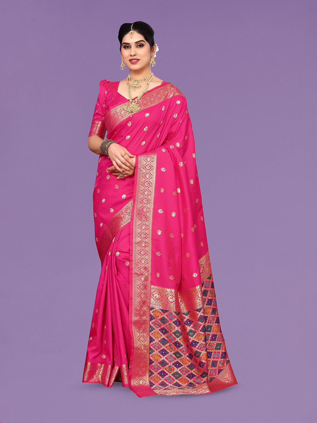 

Ekta Textiles Ethnic Motifs Woven Design Zari Pure Silk Banarasi Saree, Pink