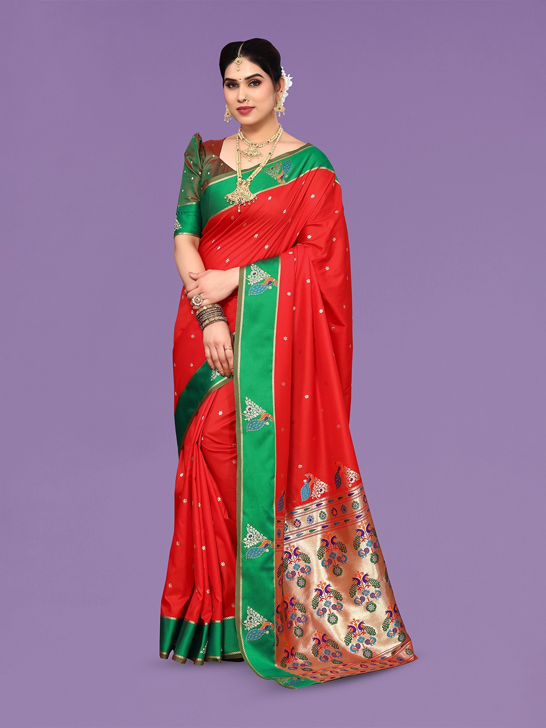 

Ekta Textiles Floral Woven Design Zari Pure Silk Banarasi Saree, Red