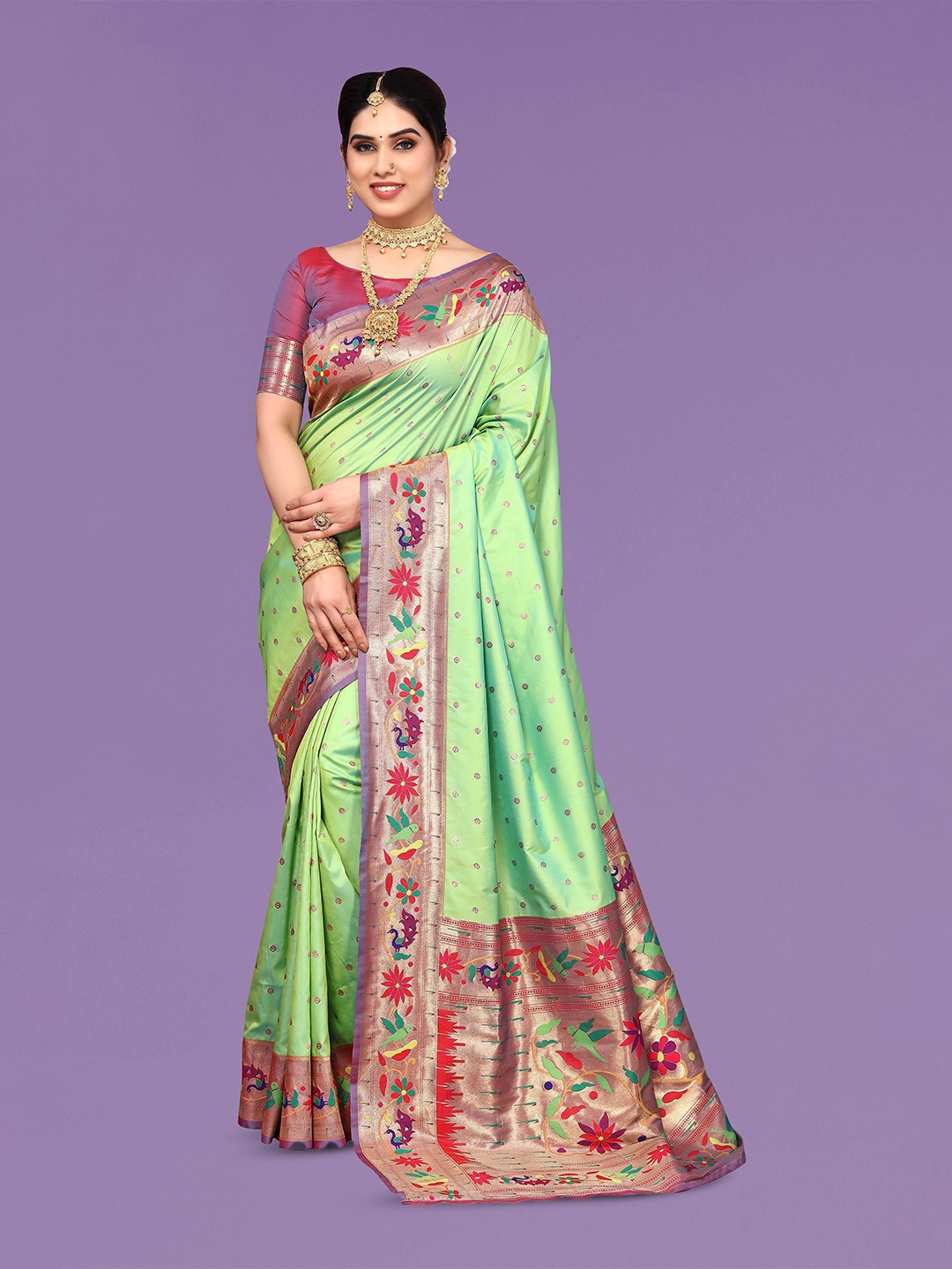

Ekta Textiles Polka Dots Woven Design Zari Pure Silk Banarasi Saree, Green