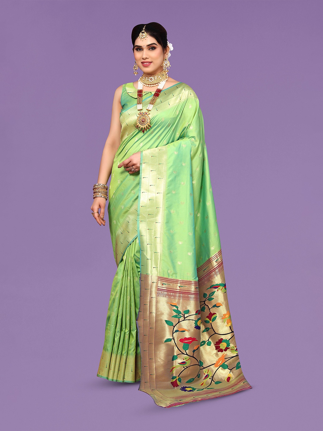 

Ekta Textiles Ethnic Motifs Woven Design Zari Pure Silk Banarasi Saree, Green