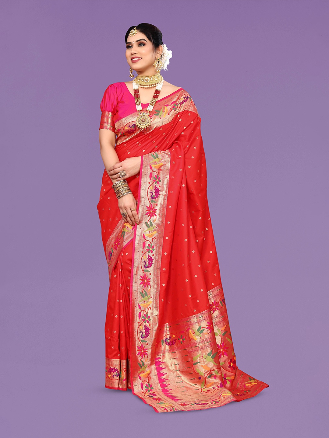 

Ekta Textiles Polka Dots Woven Design Zari Pure Silk Banarasi Saree, Red