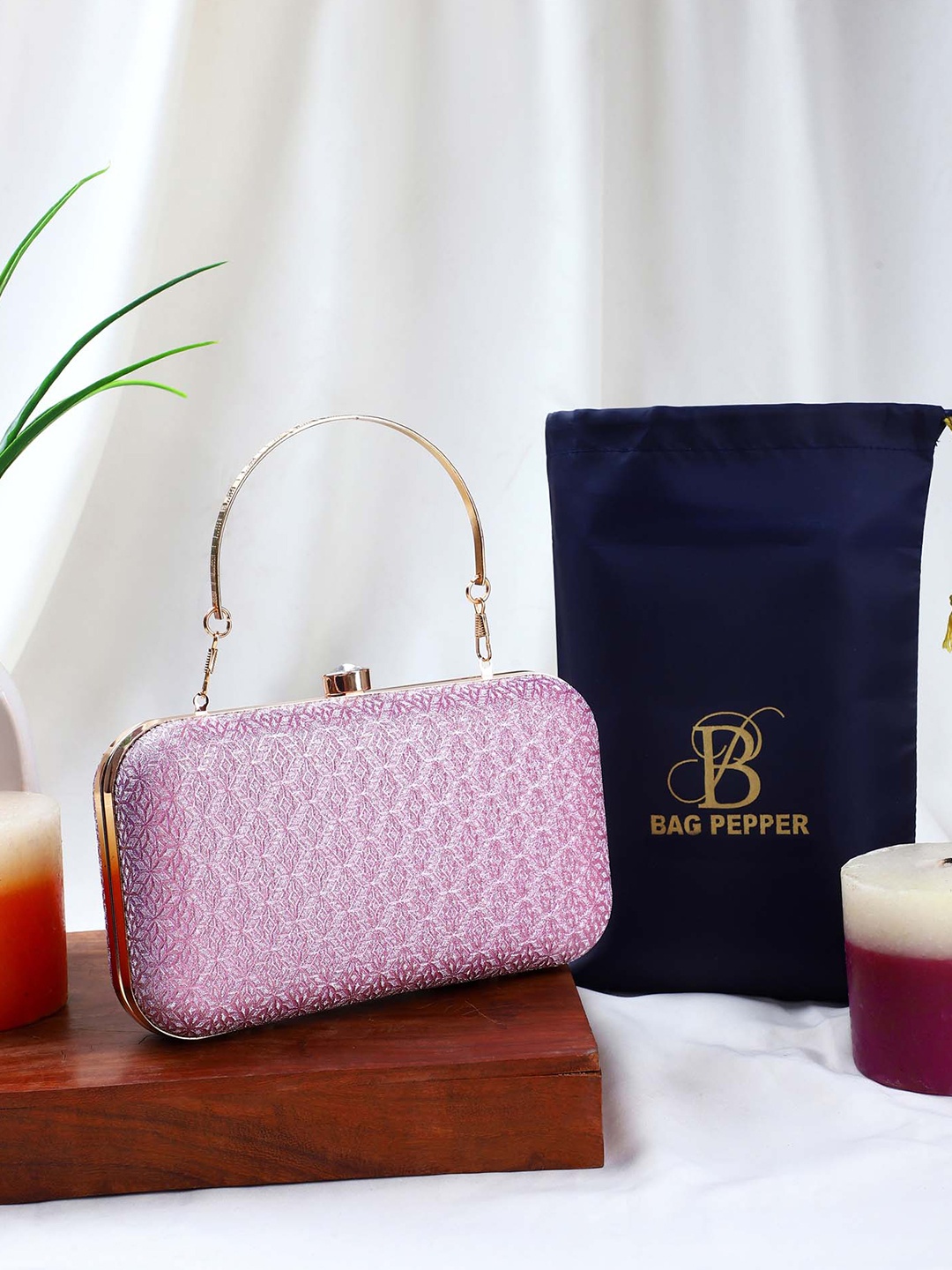 

Bag Pepper Embellished Box Clutch With Detachable Chain Sling Strap, Purple