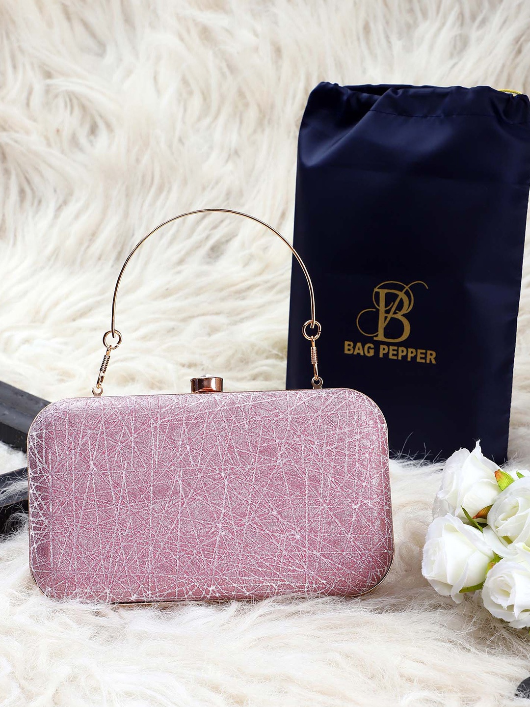 

Bag Pepper Textured Box Clutch With Detachable Chain Sling Strap, Pink