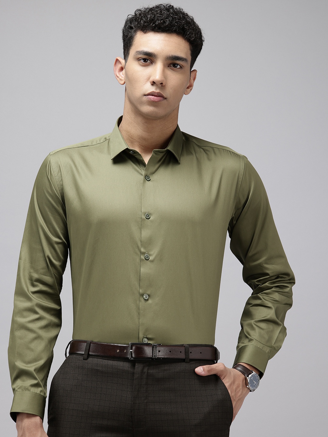

V Dot Pure Cotton Slim Fit Formal Shirt, Green
