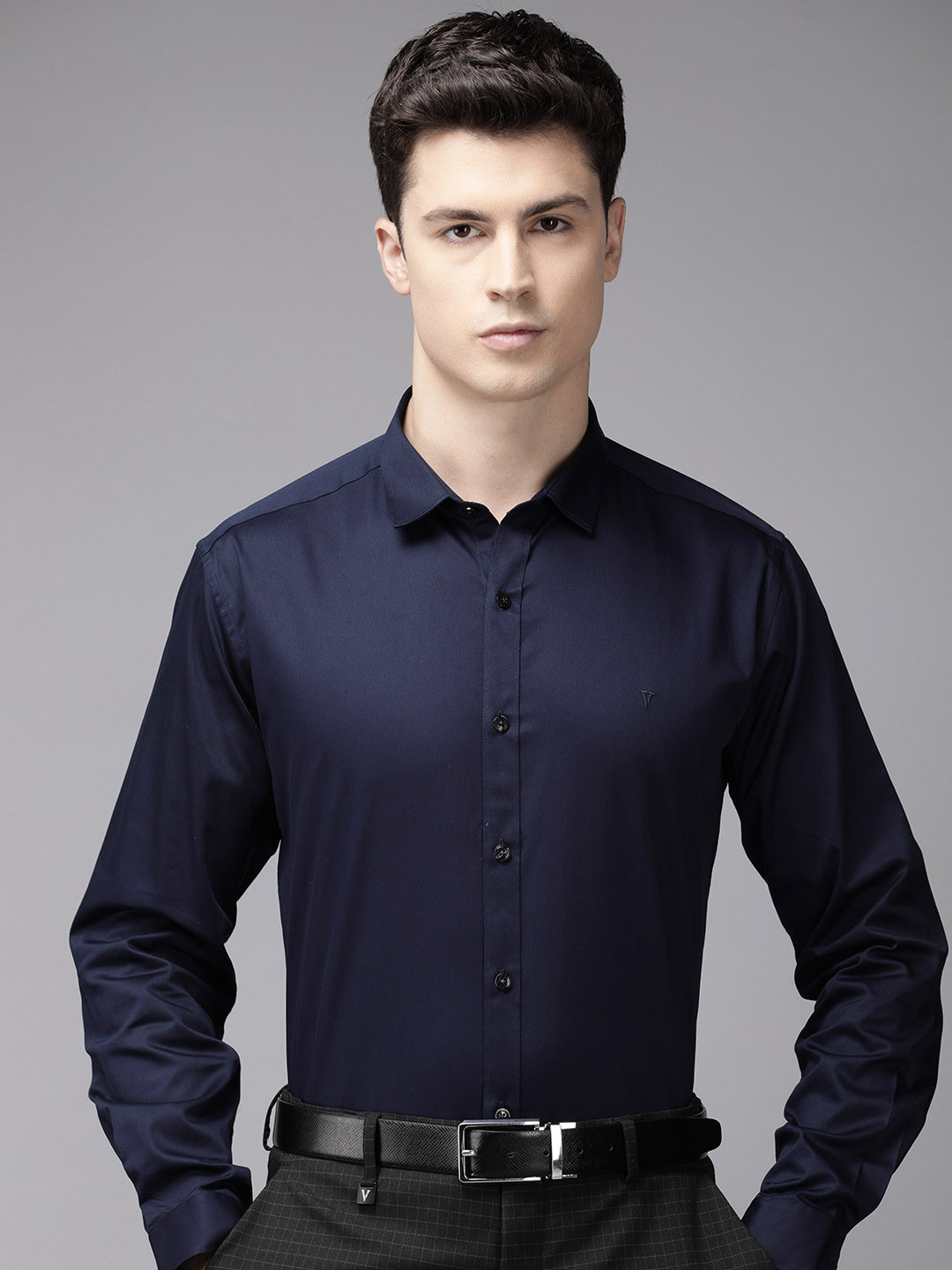

V Dot Pure Cotton Slim Fit Opaque Formal Shirt, Navy blue