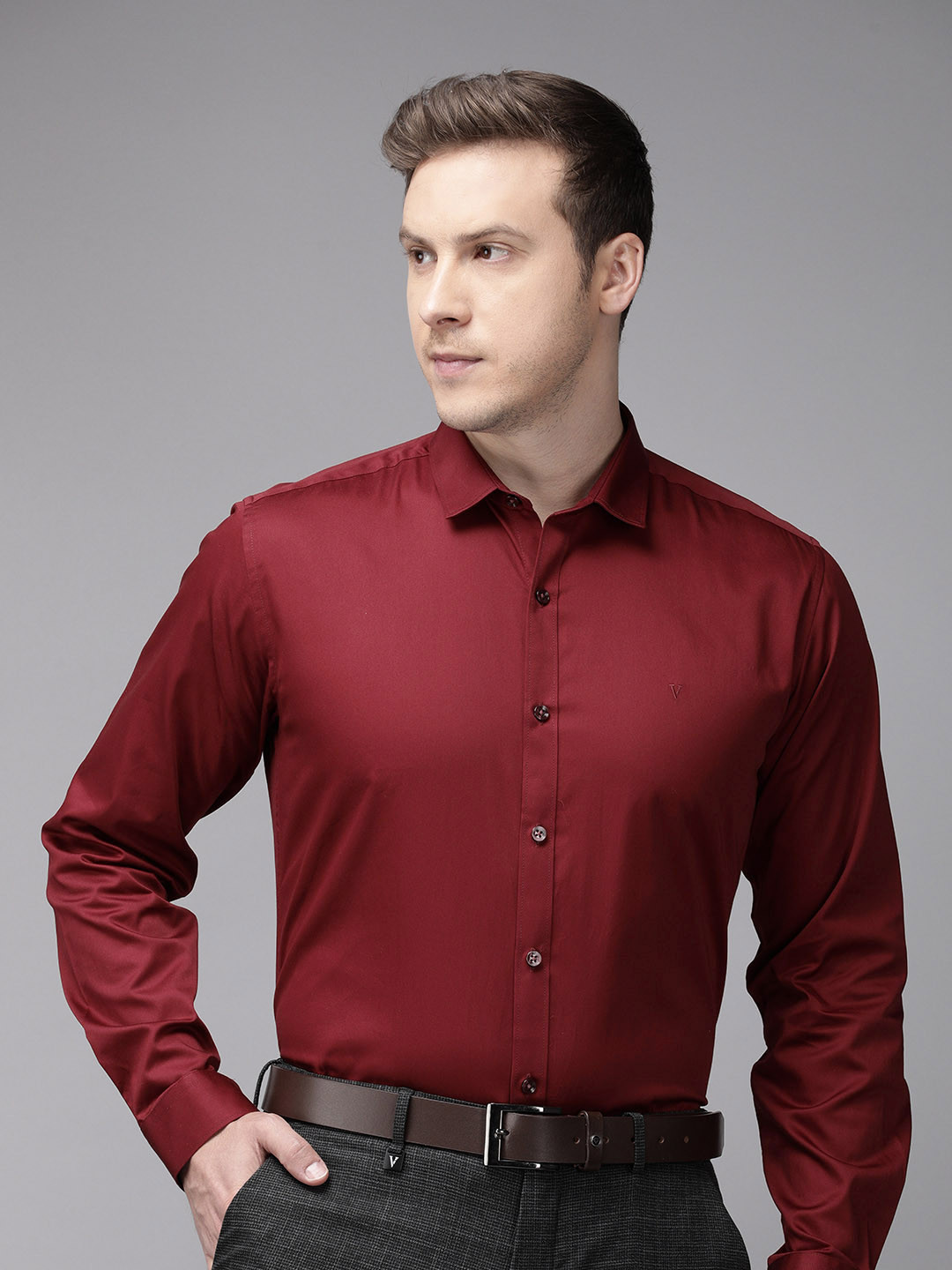 

V Dot Pure Cotton Slim Fit Opaque Formal Shirt, Maroon