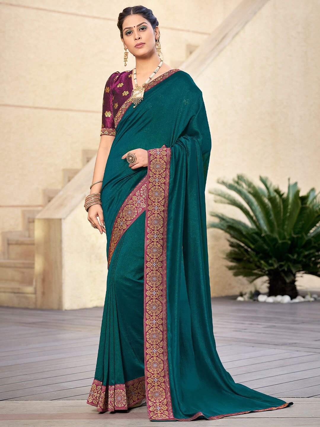 

KARAGIRI Zari Silk Blend Saree, Blue