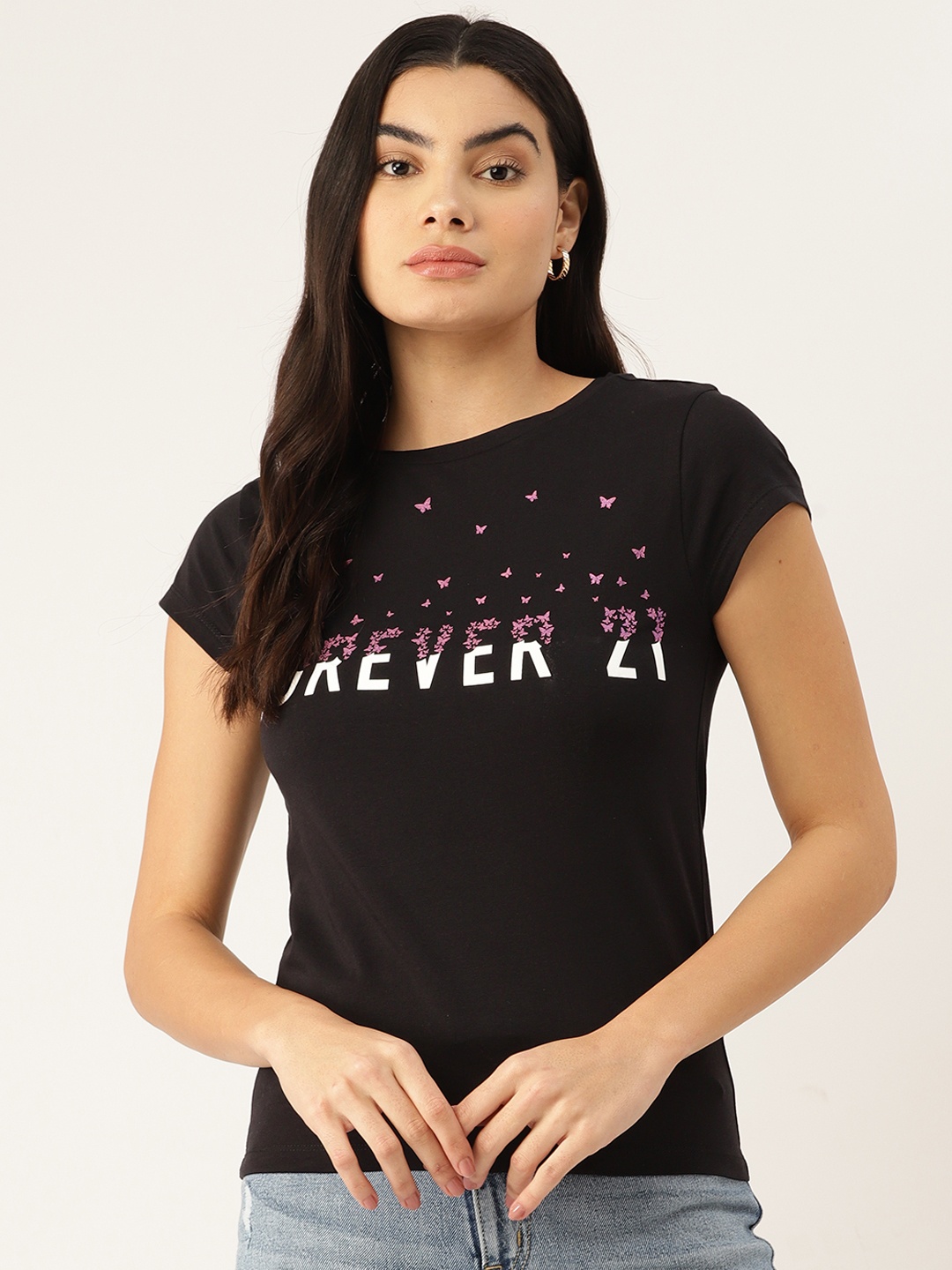 

FOREVER 21 Brand Logo Printed T-shirt, Black