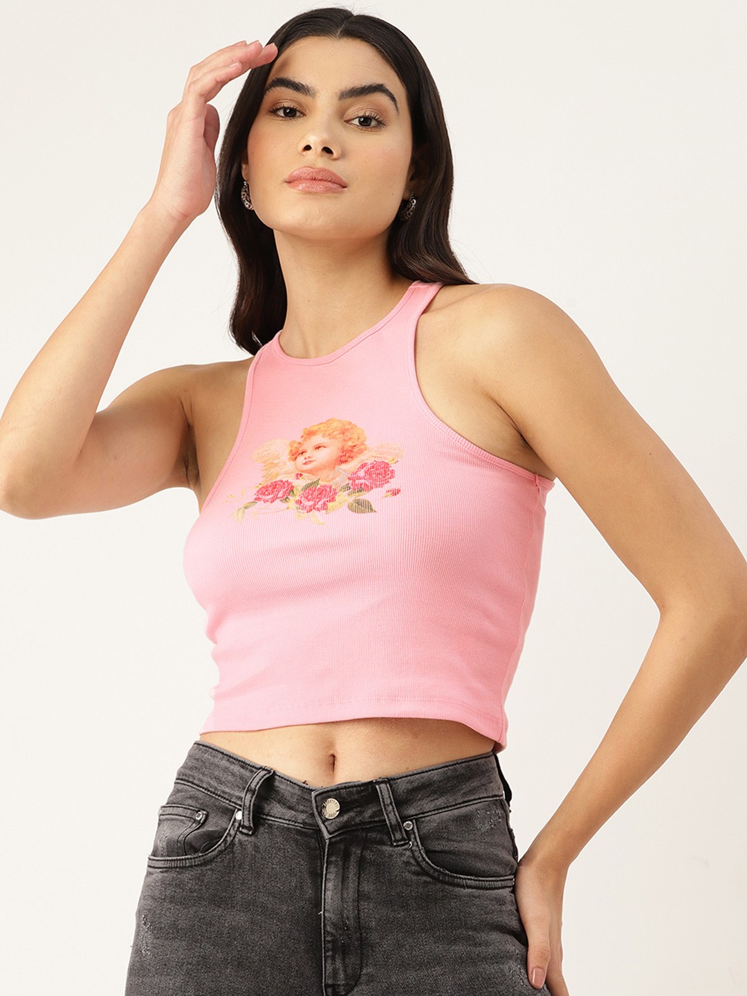 

FOREVER 21 Printed Knitted Tank Crop Top, Pink