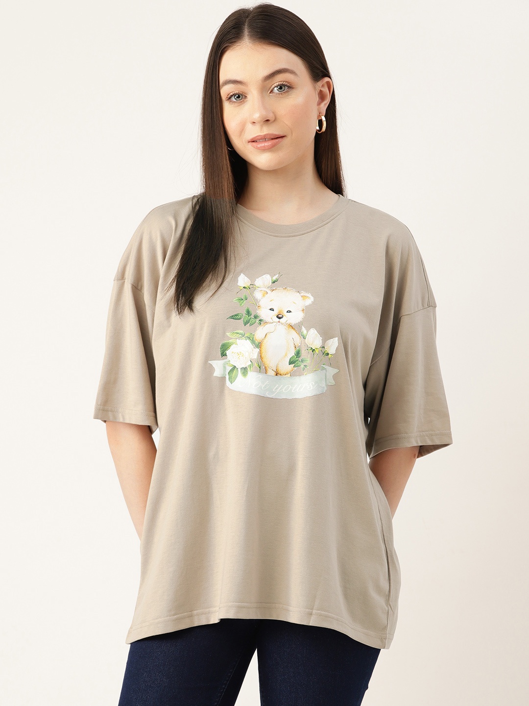 

FOREVER 21 Printed Drop-Shoulder Sleeves Oversized T-shirt, Taupe