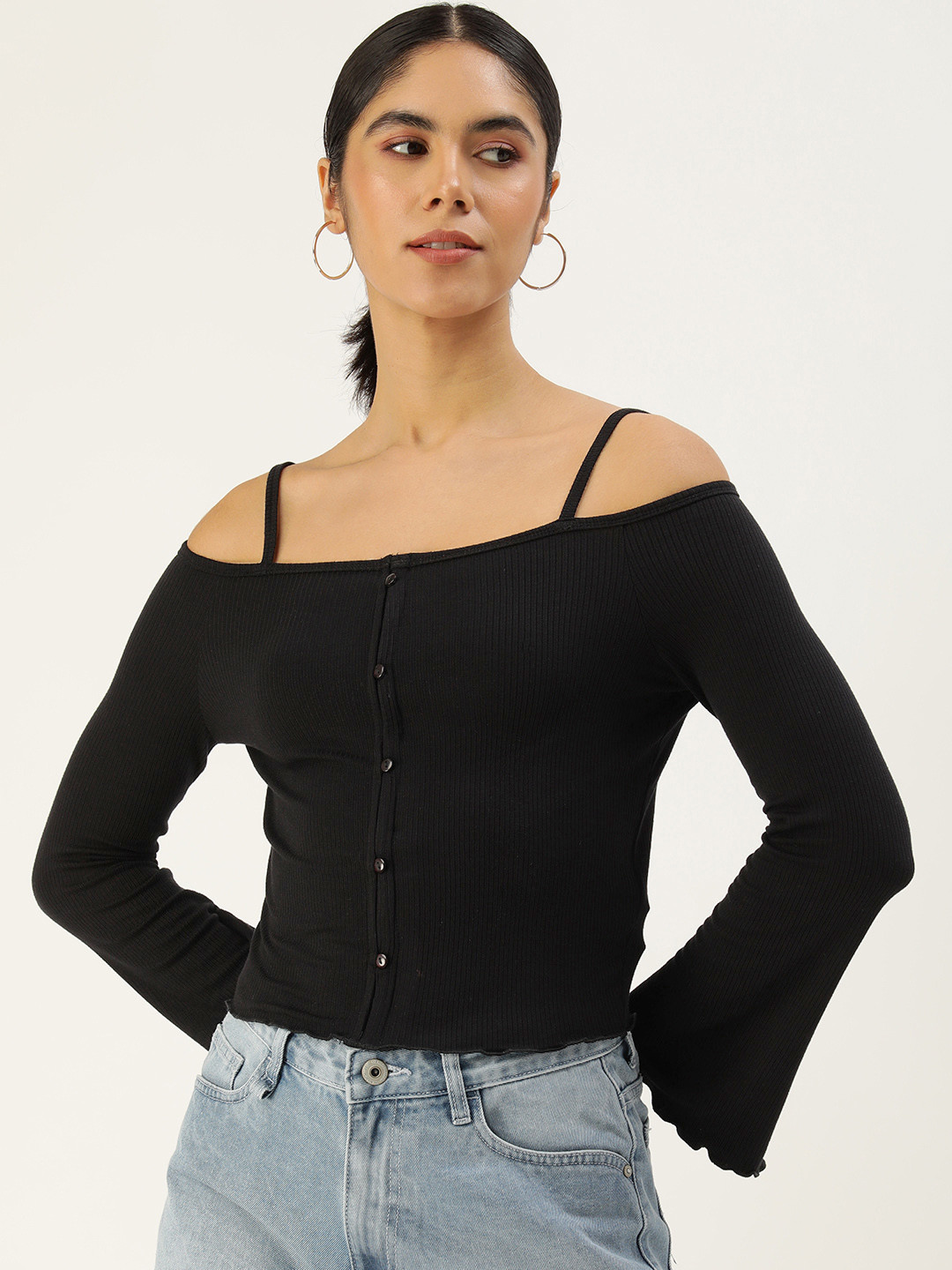 

FOREVER 21 Flared Sleeve Ribbed Top, Black