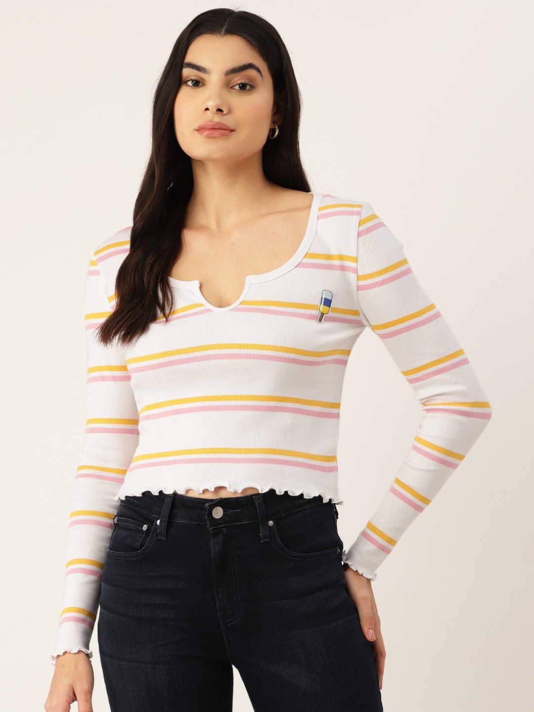 

FOREVER 21 Knitted Striped Crop Top, White