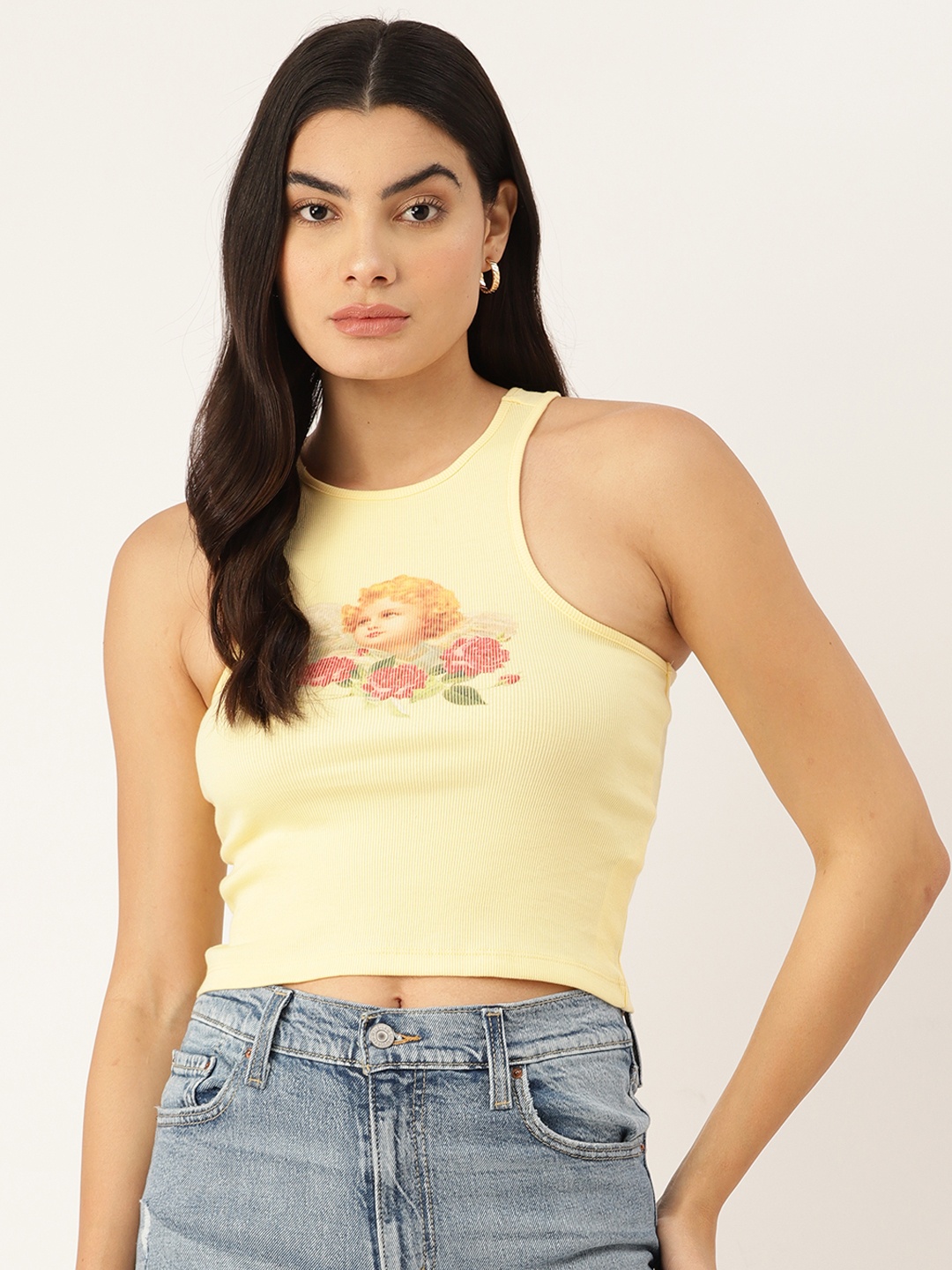 

FOREVER 21 Printed Knit Tank Top, Yellow