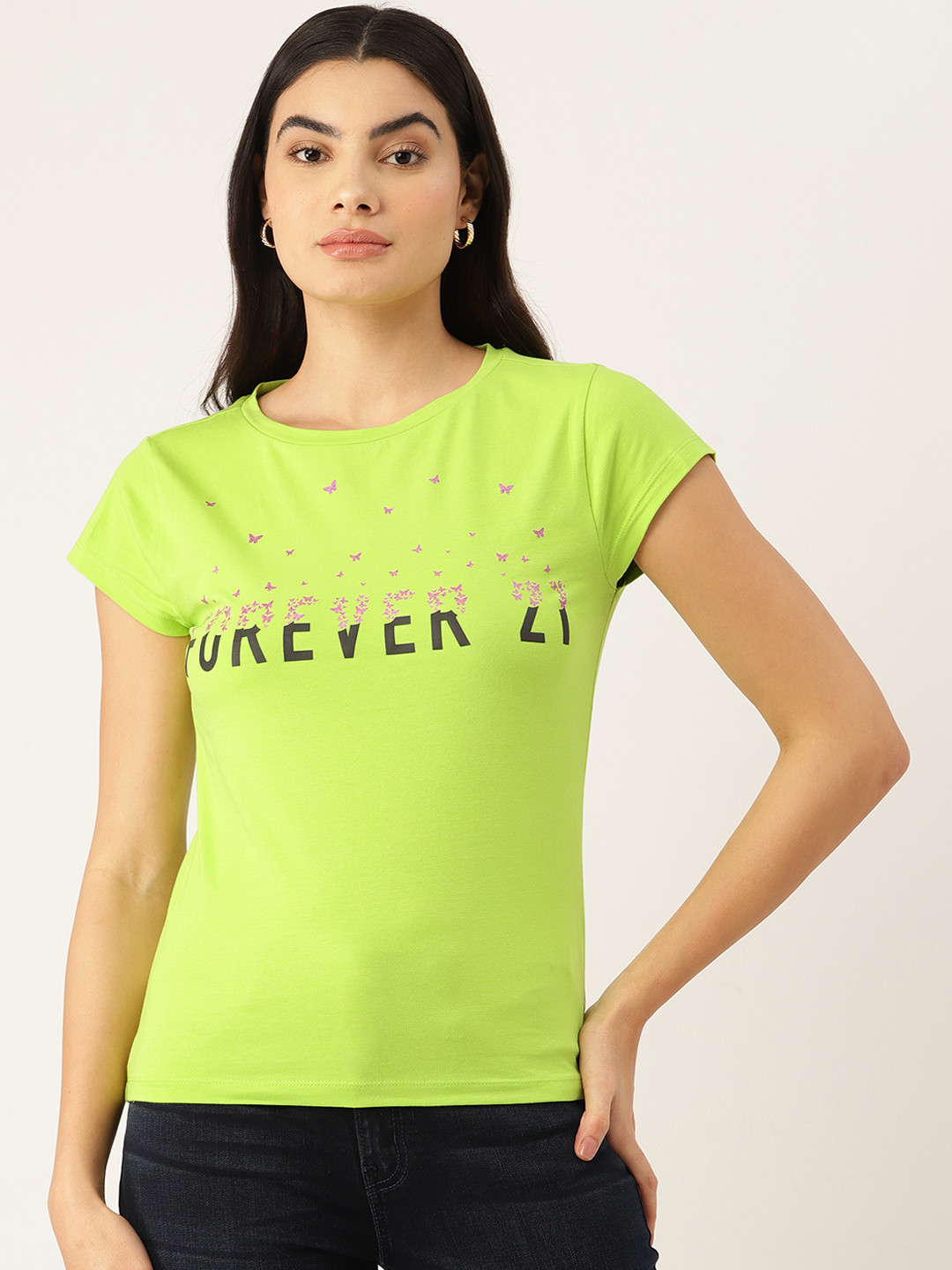 

FOREVER 21 Brand Logo Print T-shirt, Lime green