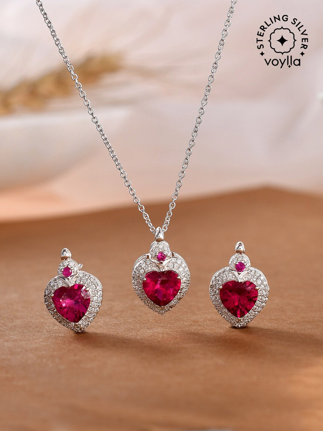 

Studio Voylla Sterling Silver Rhodium Plated Jewellery Set, Red