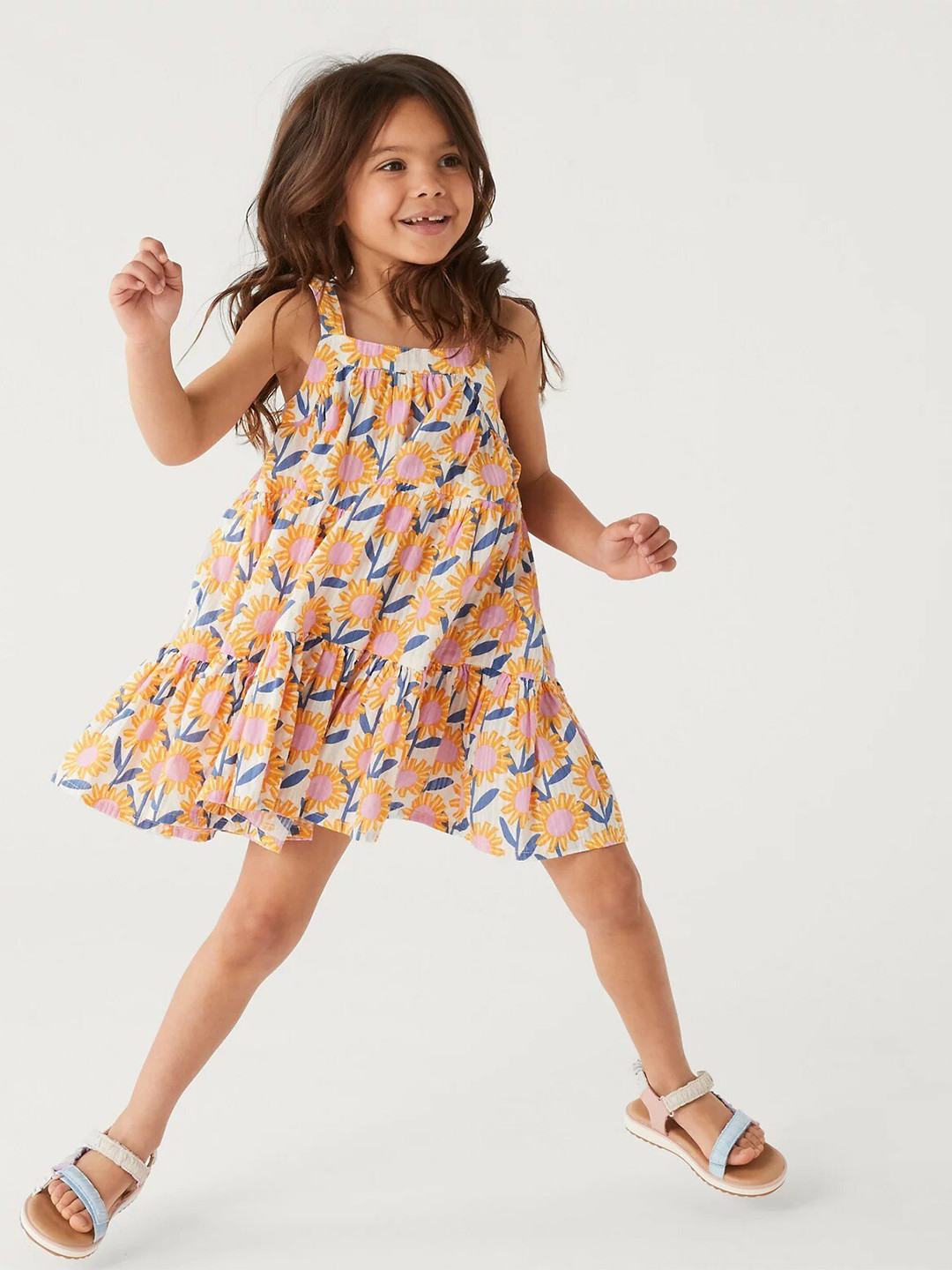 

Marks & Spencer Girls Floral Printed Shoulder Straps Tiered Cotton A-Line Dress, Off white
