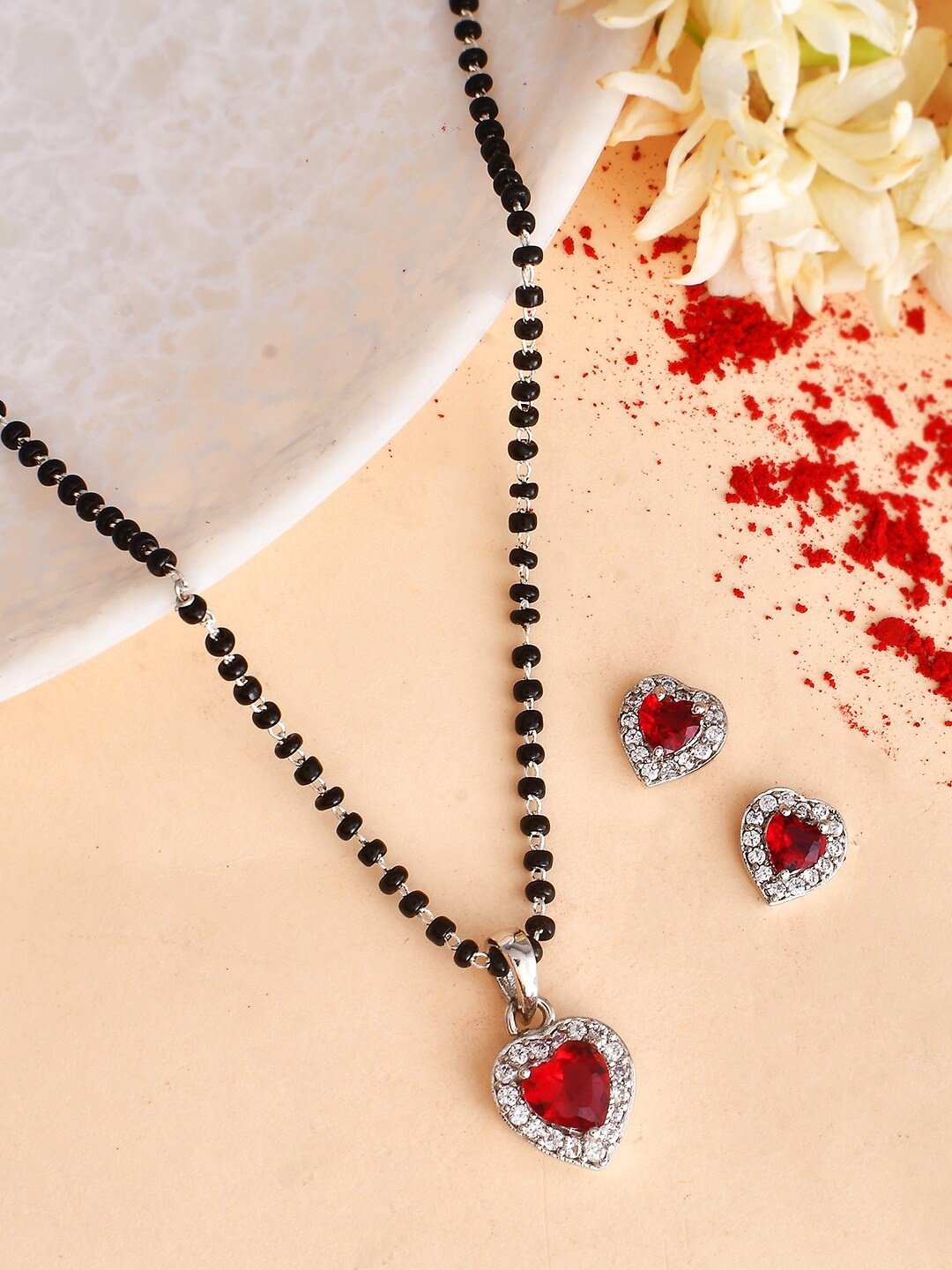 

Voylla Rhodium-Plated Red CZ Studded Heart Shaped Mangalsutra Set