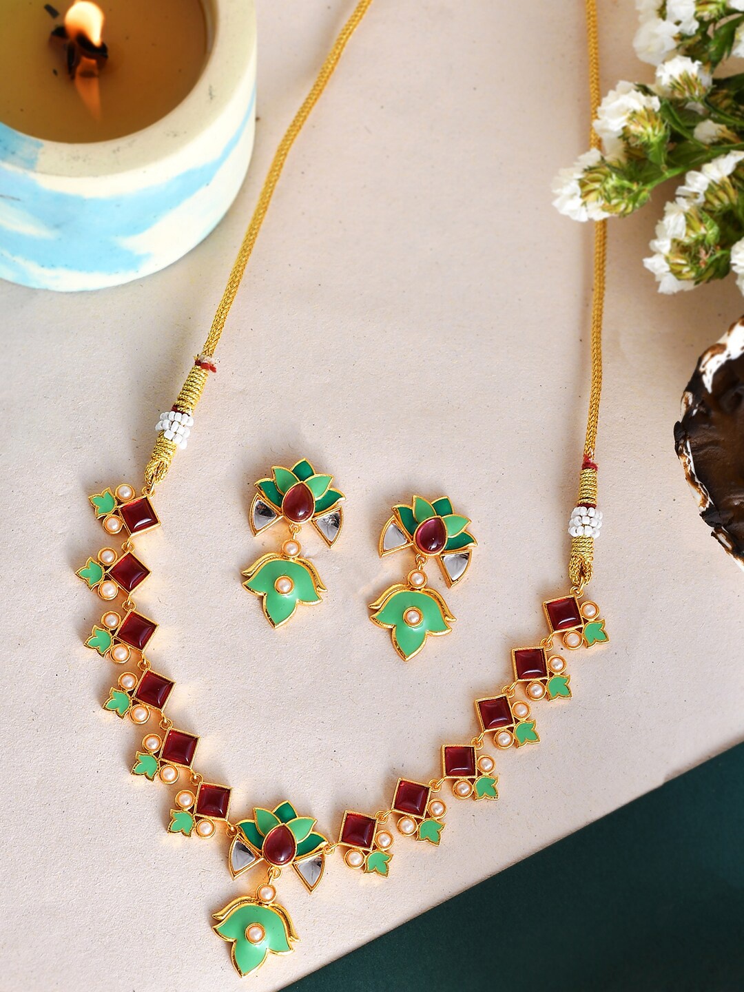 

Voylla Gold-Plated Stone Studded & Beaded Jewellery Set