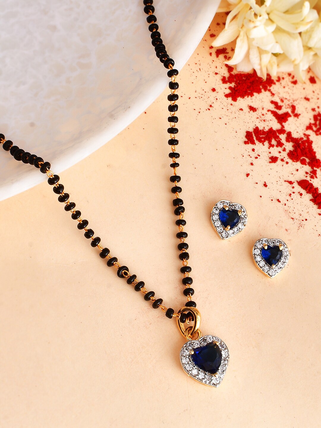 

Voylla Gold-Plated Blue CZ Studded Heart Shaped Mangalsutra Set