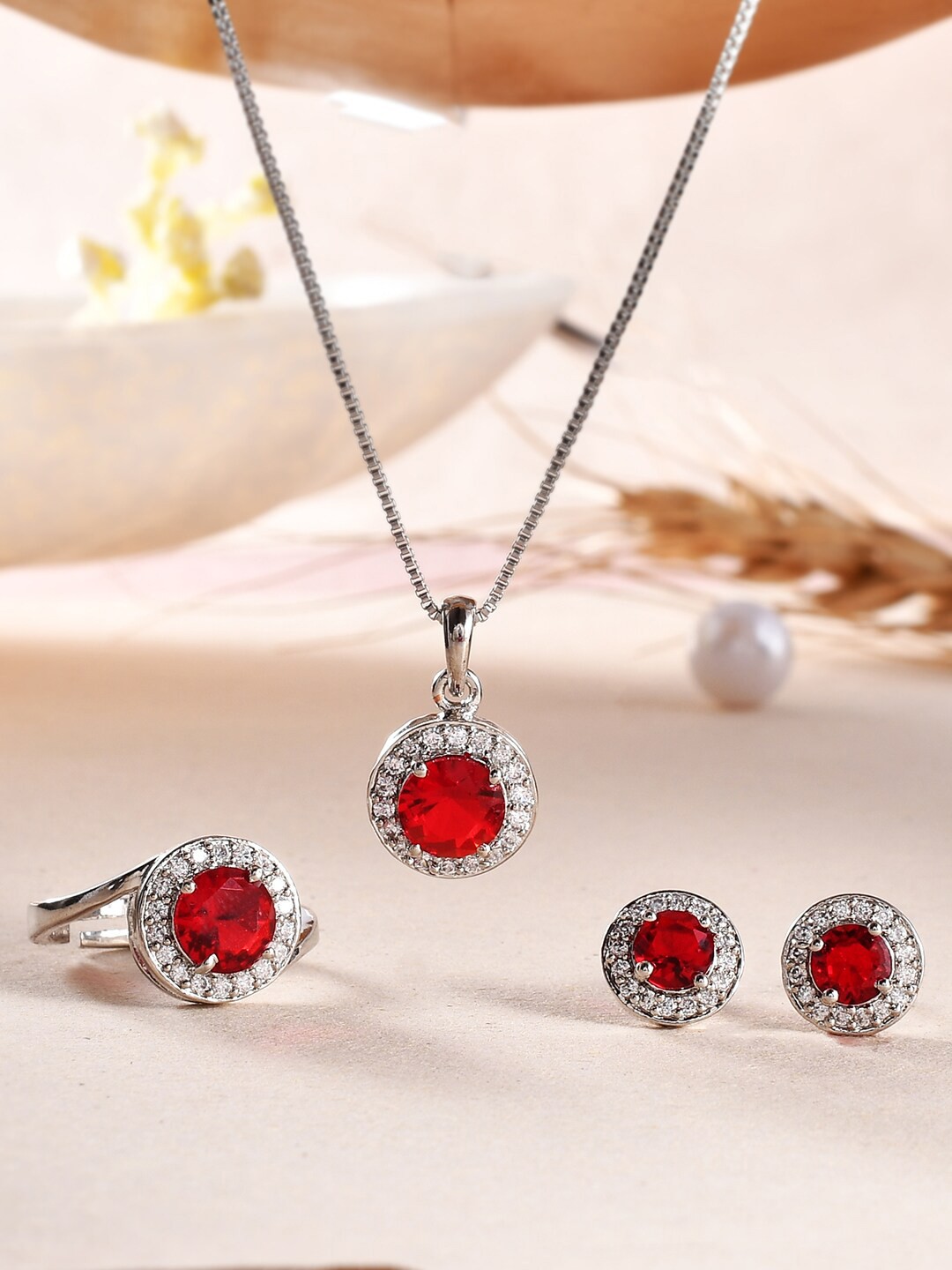 

Voylla Rhodium-Plated Red Round Cut Zircon Pendant Set