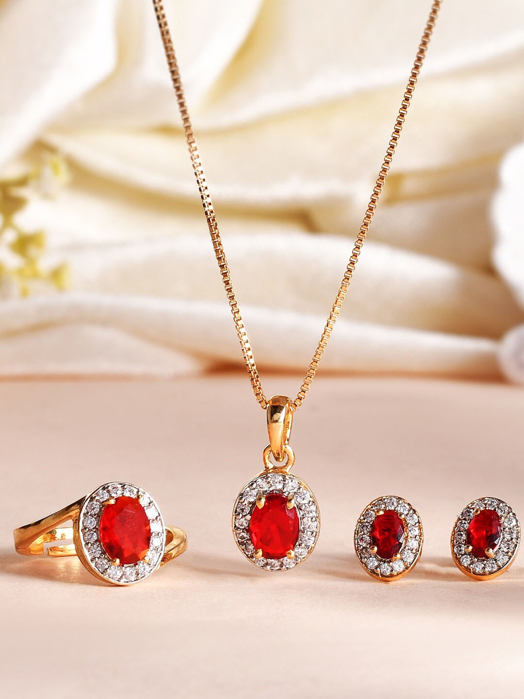 

Voylla Gold-Plated Pink Round Cut Zircon Pendant Set