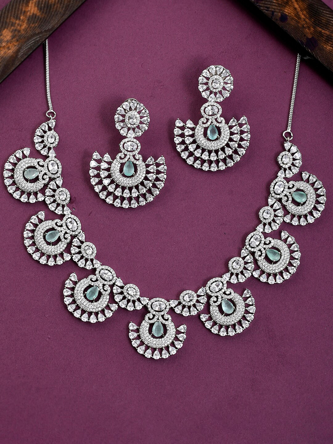 

Voylla Rhodium-Plated White and Green CZ Necklace Set
