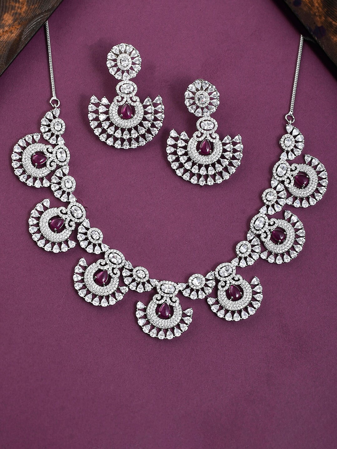 

Voylla Rhodium-Plated Pink and White Zircons Necklace Set