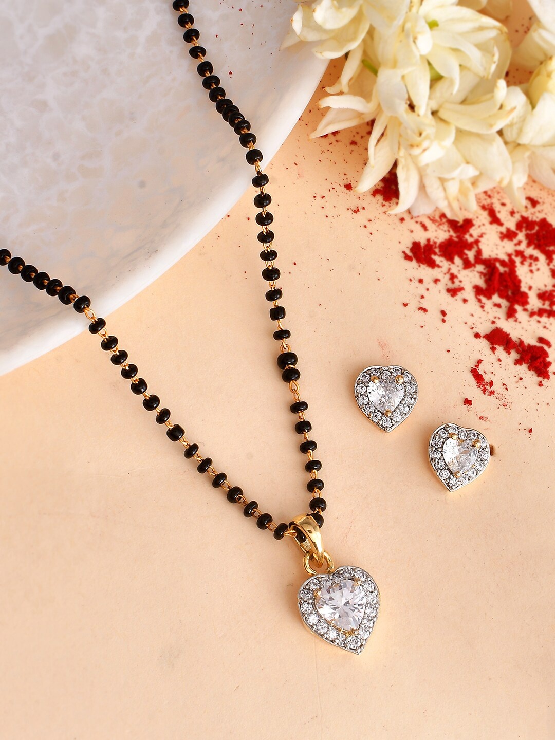 

Voylla Gold-Plated White Heart Shaped CZ Studded Mangalsutra Set